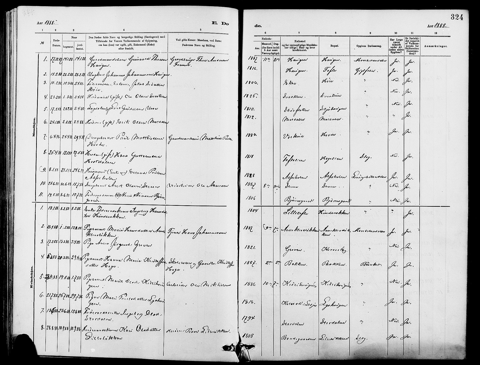 Dovre prestekontor, SAH/PREST-066/H/Ha/Hab/L0002: Parish register (copy) no. 2, 1881-1907, p. 324