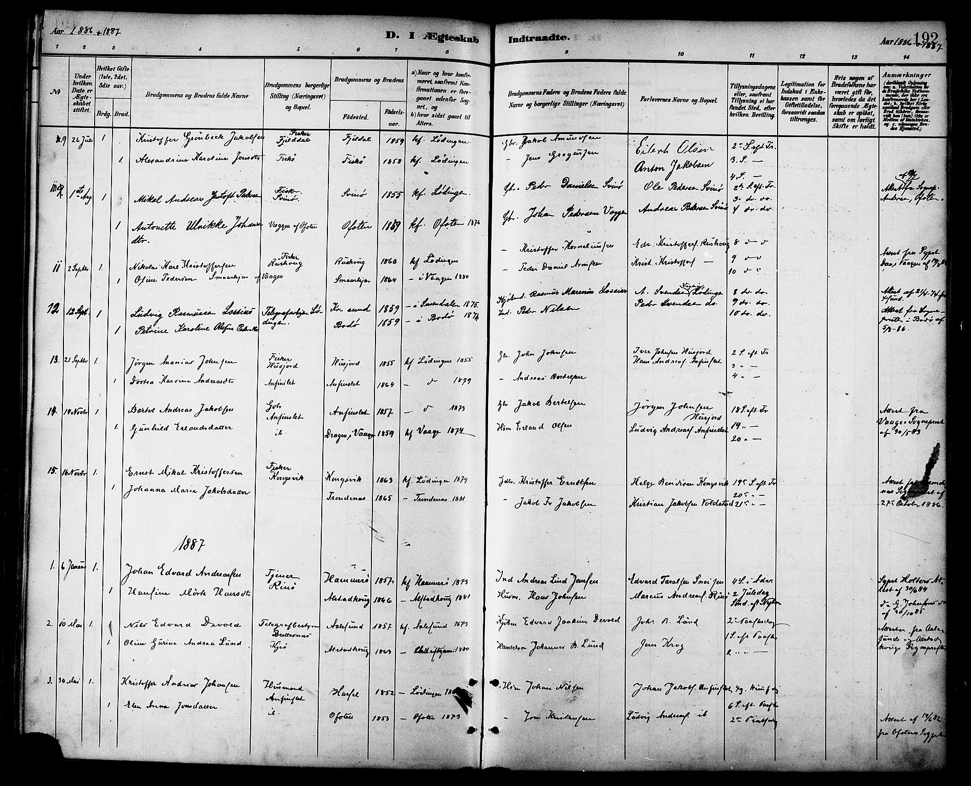 Ministerialprotokoller, klokkerbøker og fødselsregistre - Nordland, SAT/A-1459/872/L1035: Parish register (official) no. 872A10, 1884-1896, p. 192