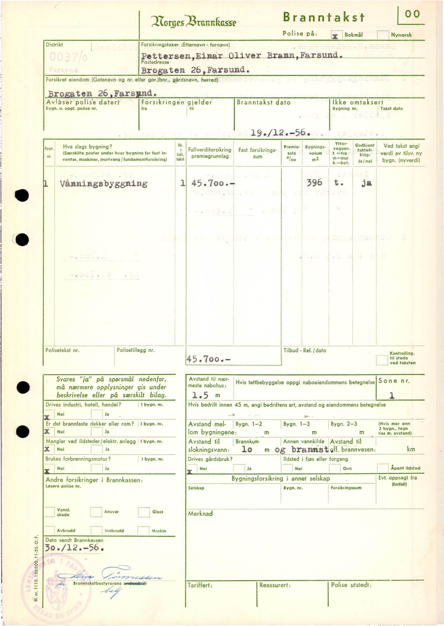 Norges Brannkasse Farsund, AV/SAK-2241-0011/F/Fa/L0006/0001: Branntakstprotokoller nr. 7 og 8 for Farsund, Herad og Spind / Branntakstprotokoll nr. 7 for Farsund, Herad og Spind, alfabetisk etter gårdsnavn, 1956-1958