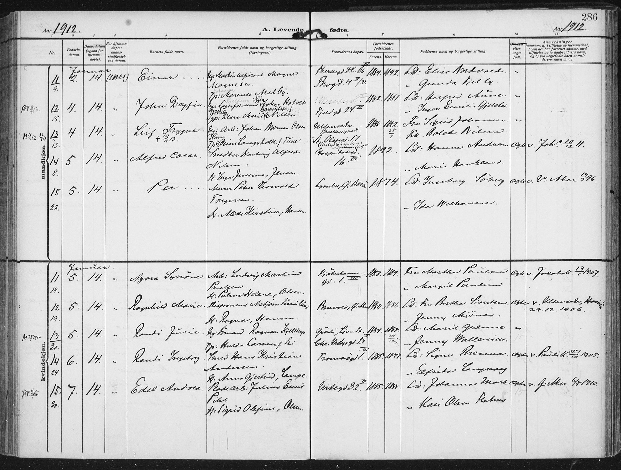 Rikshospitalet prestekontor Kirkebøker, AV/SAO-A-10309b/F/L0014: Parish register (official) no. 14, 1909-1912, p. 286