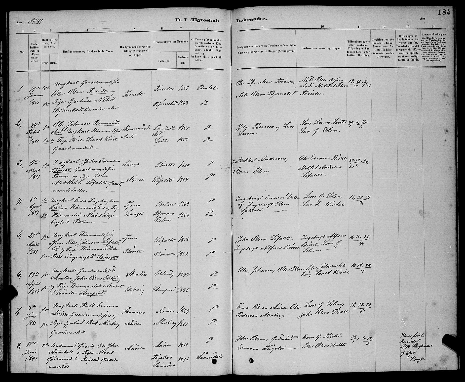 Ministerialprotokoller, klokkerbøker og fødselsregistre - Møre og Romsdal, AV/SAT-A-1454/598/L1077: Parish register (copy) no. 598C02, 1879-1891, p. 184