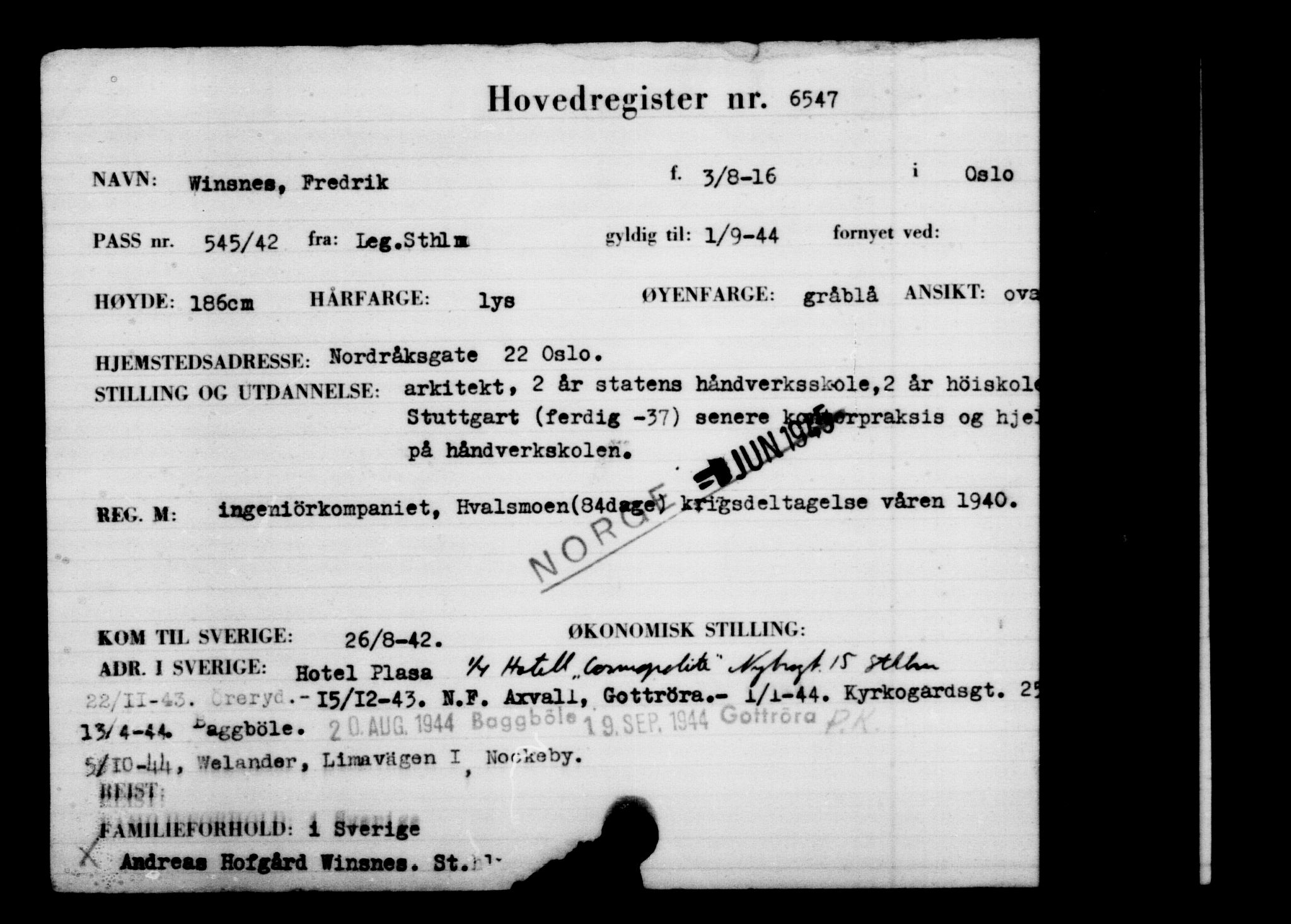 Utenriksstasjonene, Legasjonen i Stockholm, Flyktningkontoret, AV/RA-S-6753/V/Va/L0004: Kjesäterkartoteket, flyktninger med registreringsnr. 3496-6610, 1940-1945, p. 3609