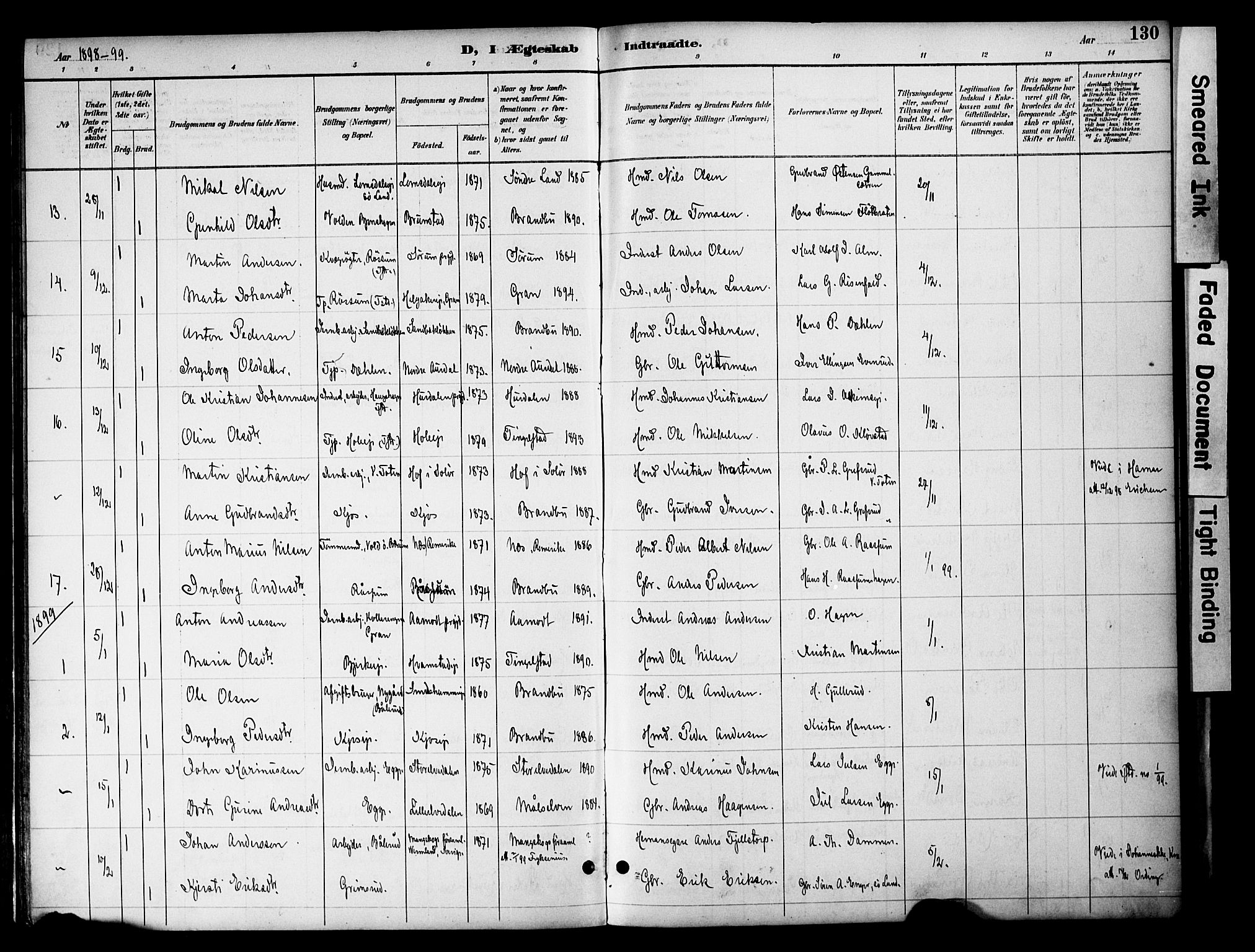 Gran prestekontor, AV/SAH-PREST-112/H/Ha/Haa/L0020: Parish register (official) no. 20, 1889-1899, p. 130