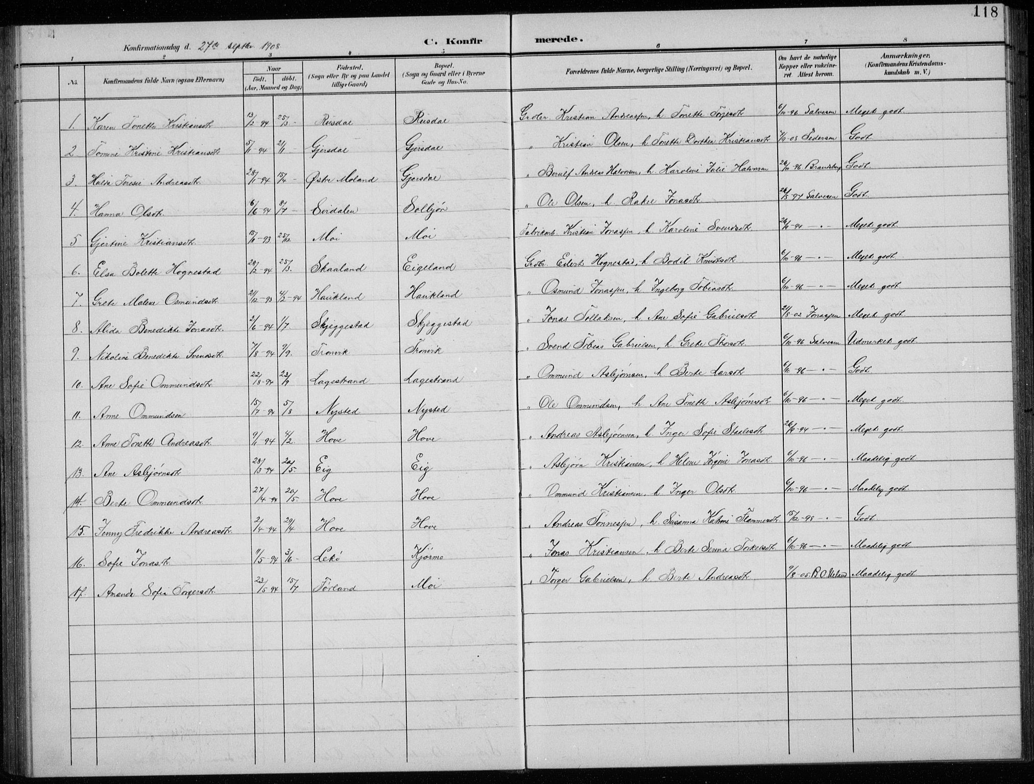 Lund sokneprestkontor, AV/SAST-A-101809/S07/L0008: Parish register (copy) no. B 8, 1902-1936, p. 118