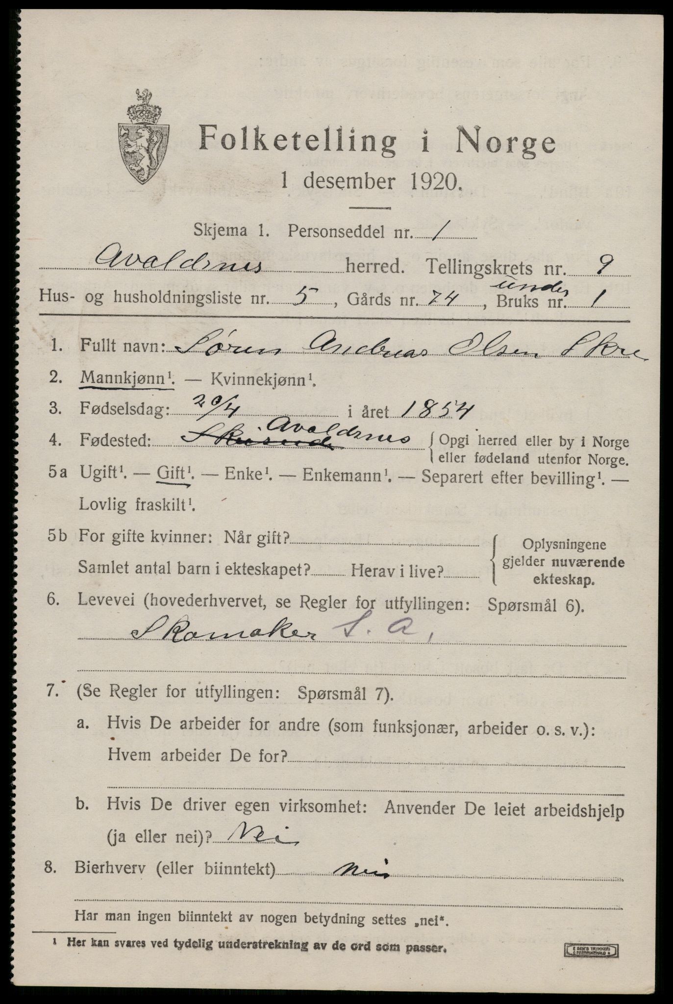 SAST, 1920 census for Avaldsnes, 1920, p. 7111