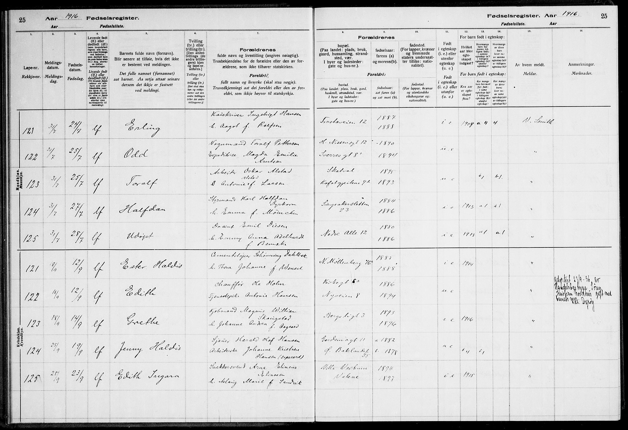 Ministerialprotokoller, klokkerbøker og fødselsregistre - Sør-Trøndelag, SAT/A-1456/600/L0002: Birth register no. 600.II.4.1, 1916-1920, p. 25
