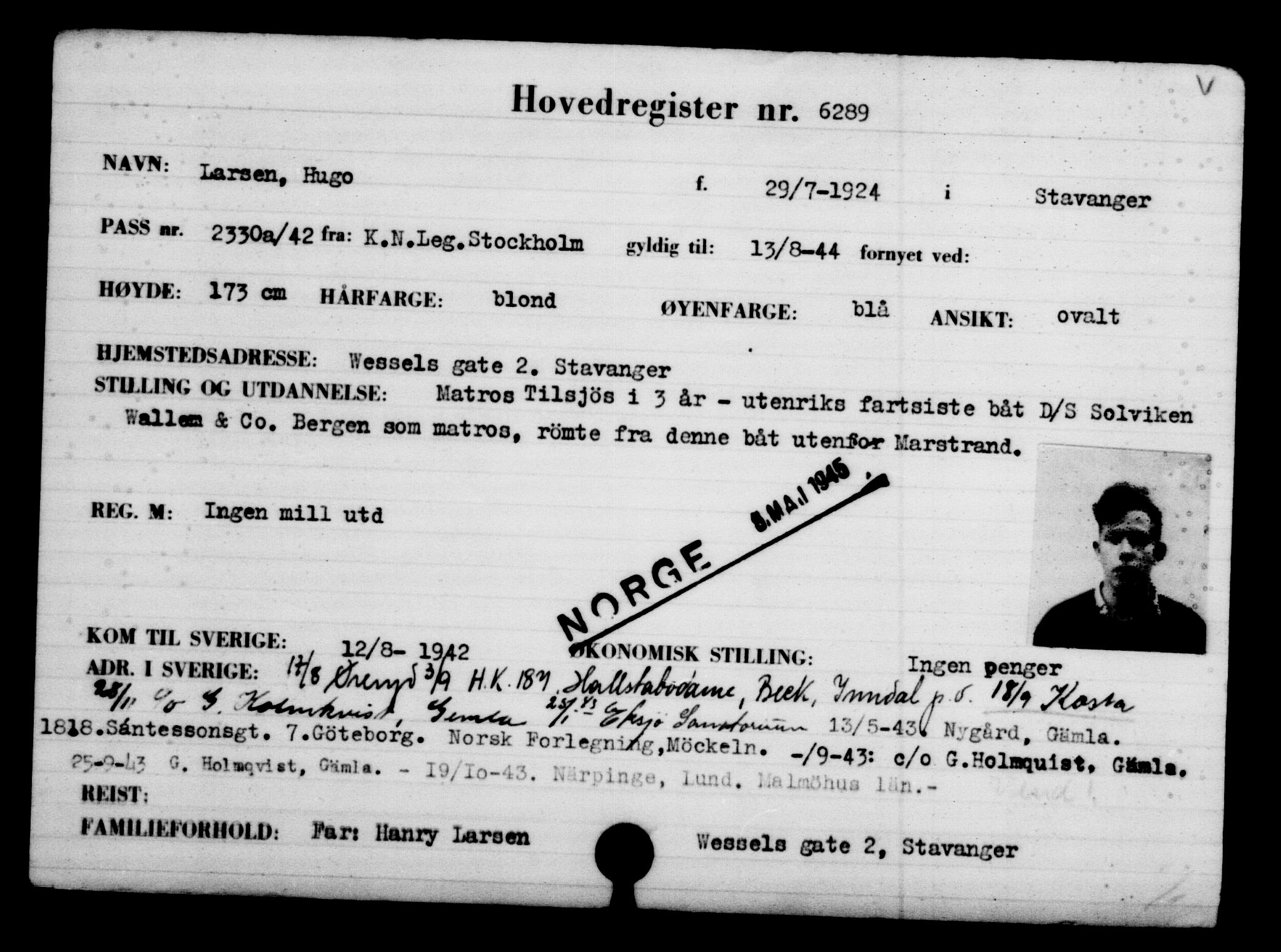 Utenriksstasjonene, Legasjonen i Stockholm, Flyktningkontoret, AV/RA-S-6753/V/Va/L0004: Kjesäterkartoteket, flyktninger med registreringsnr. 3496-6610, 1940-1945, p. 3294