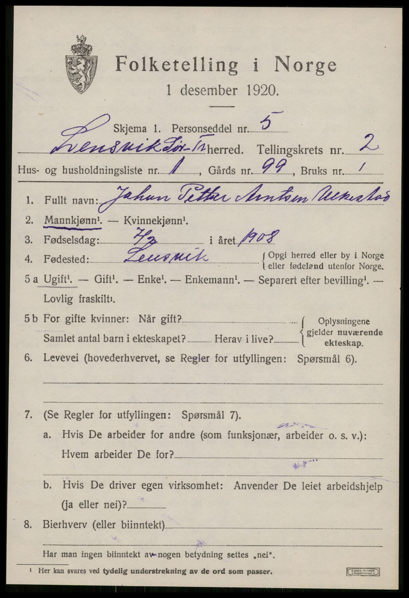 SAT, 1920 census for Lensvik, 1920, p. 1290