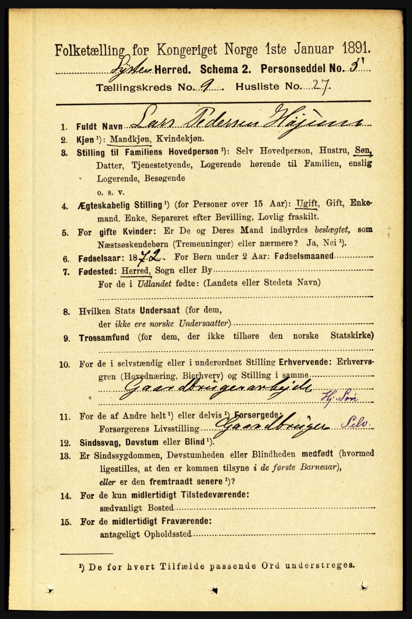 RA, 1891 census for 1426 Luster, 1891, p. 2950