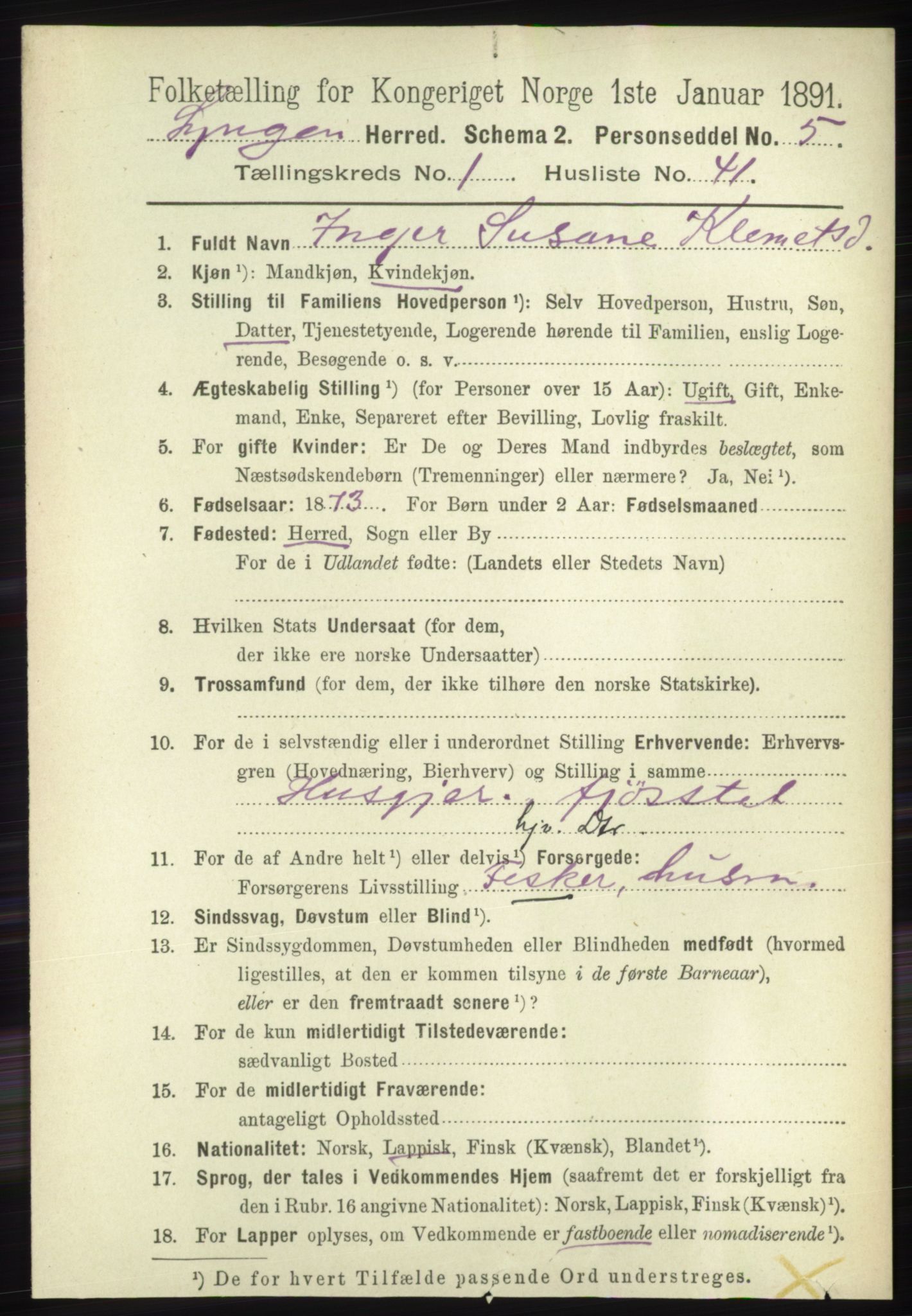 RA, 1891 census for 1938 Lyngen, 1891, p. 550