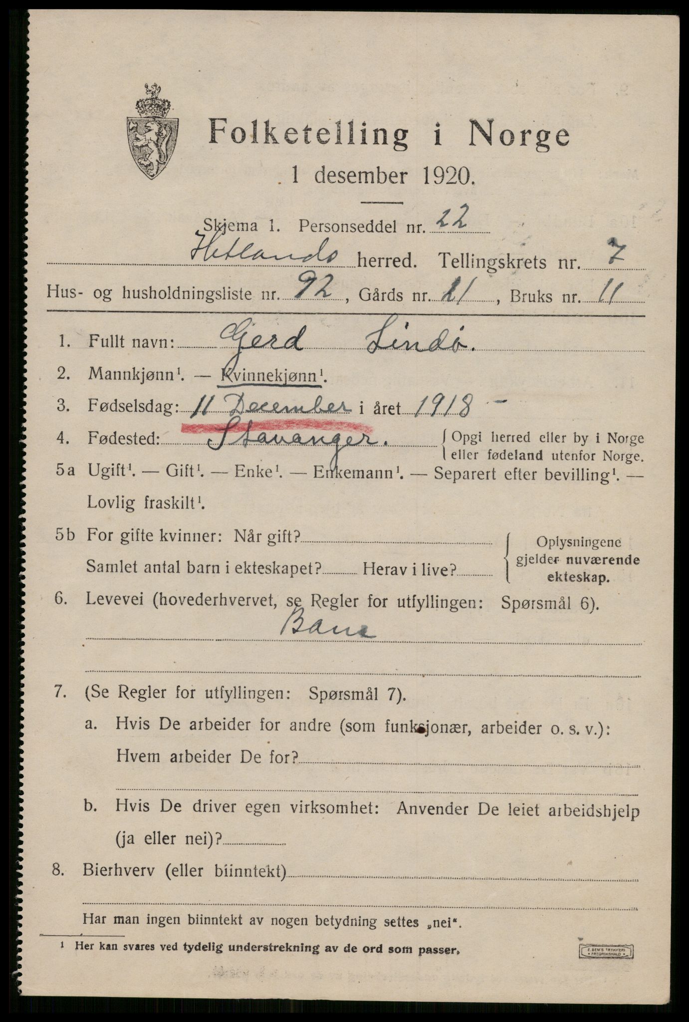 SAST, 1920 census for Hetland, 1920, p. 15437