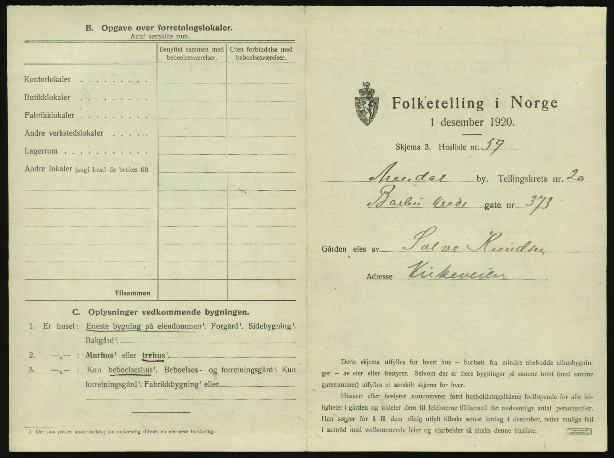 SAK, 1920 census for Arendal, 1920, p. 3220