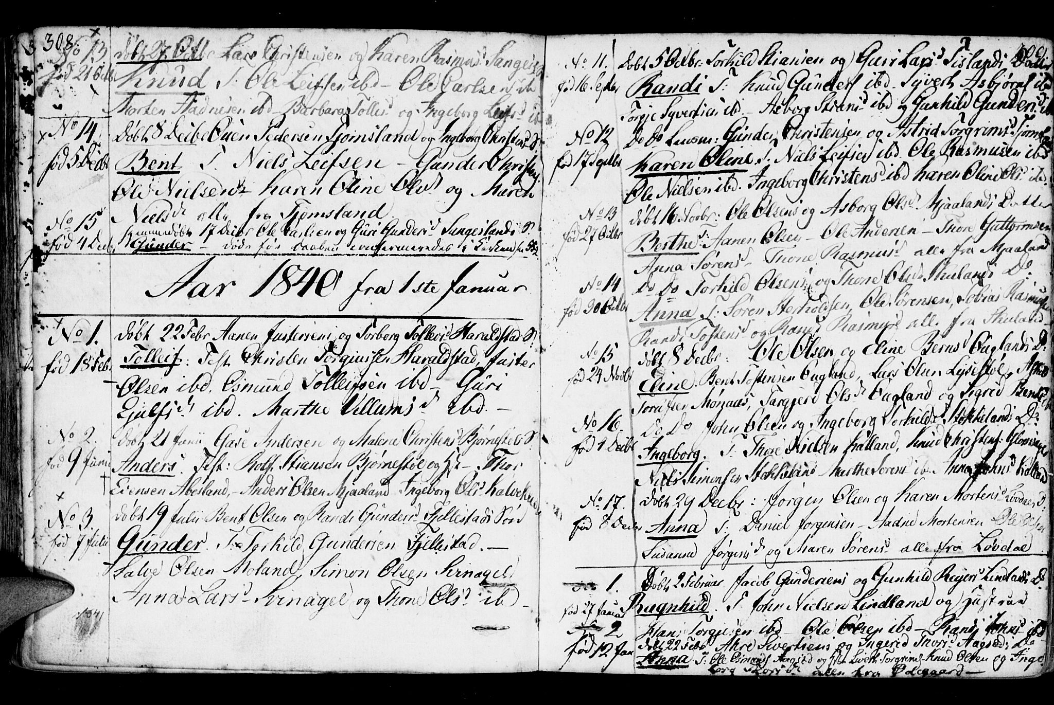 Holum sokneprestkontor, AV/SAK-1111-0022/F/Fa/Fab/L0004: Parish register (official) no. A 4, 1774-1847, p. 308-309