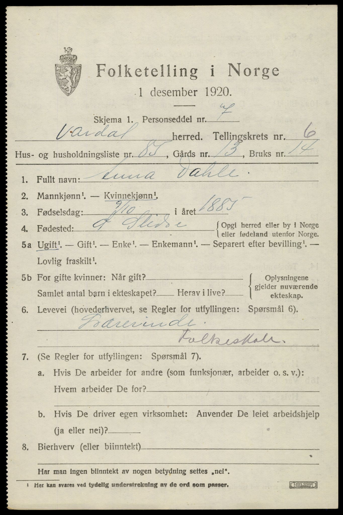 SAH, 1920 census for Vardal, 1920, p. 4859