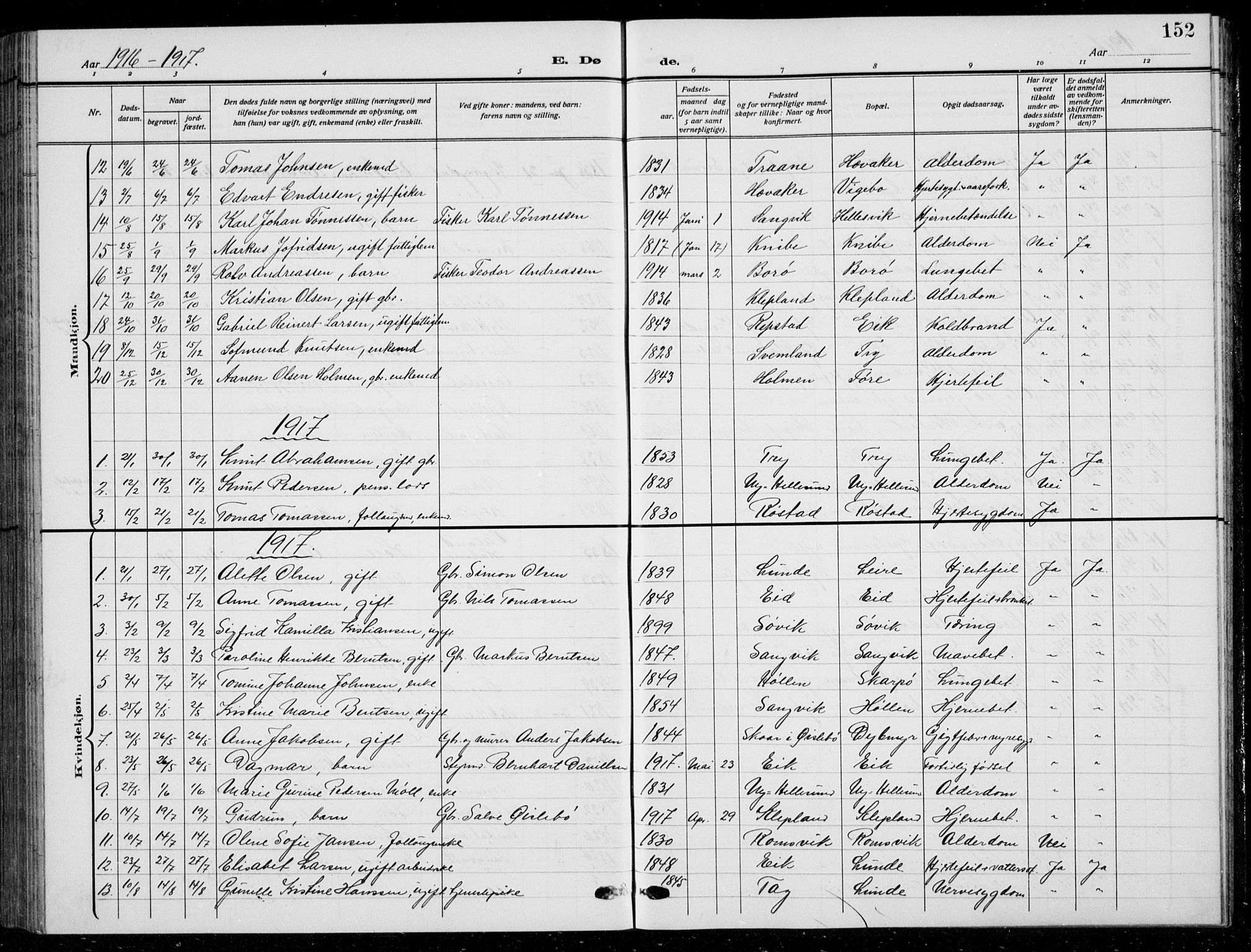 Søgne sokneprestkontor, SAK/1111-0037/F/Fb/Fbb/L0007: Parish register (copy) no. B 7, 1912-1931, p. 152