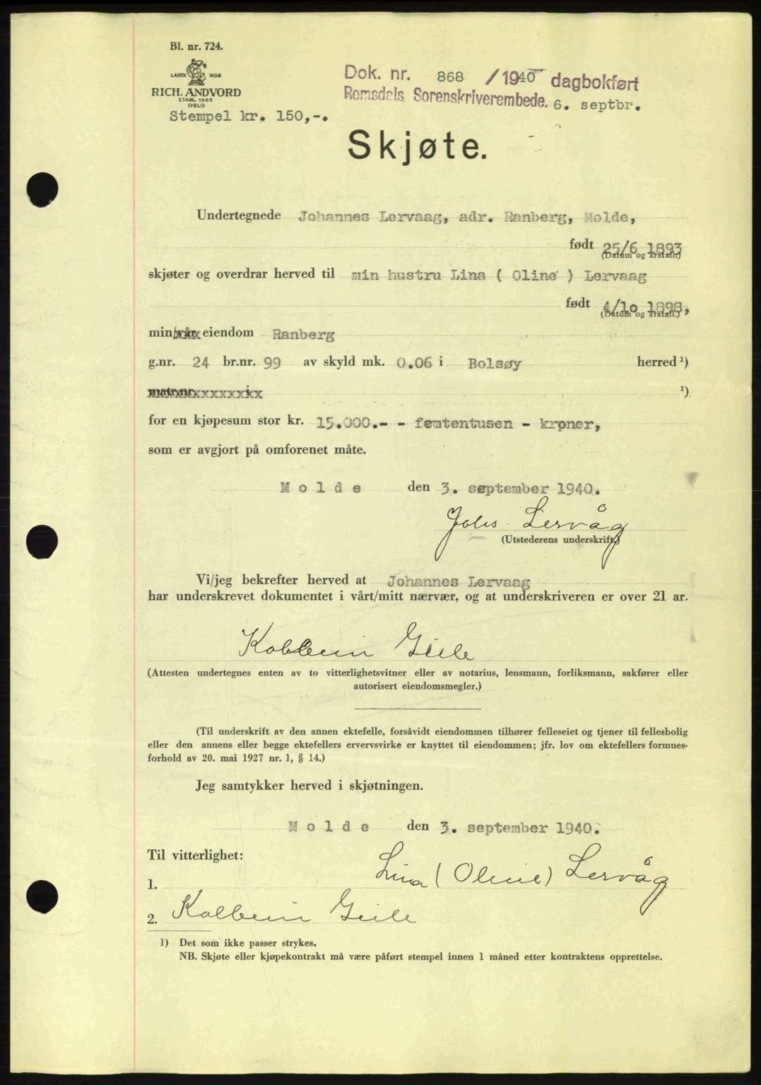 Romsdal sorenskriveri, AV/SAT-A-4149/1/2/2C: Mortgage book no. A8, 1939-1940, Diary no: : 868/1940