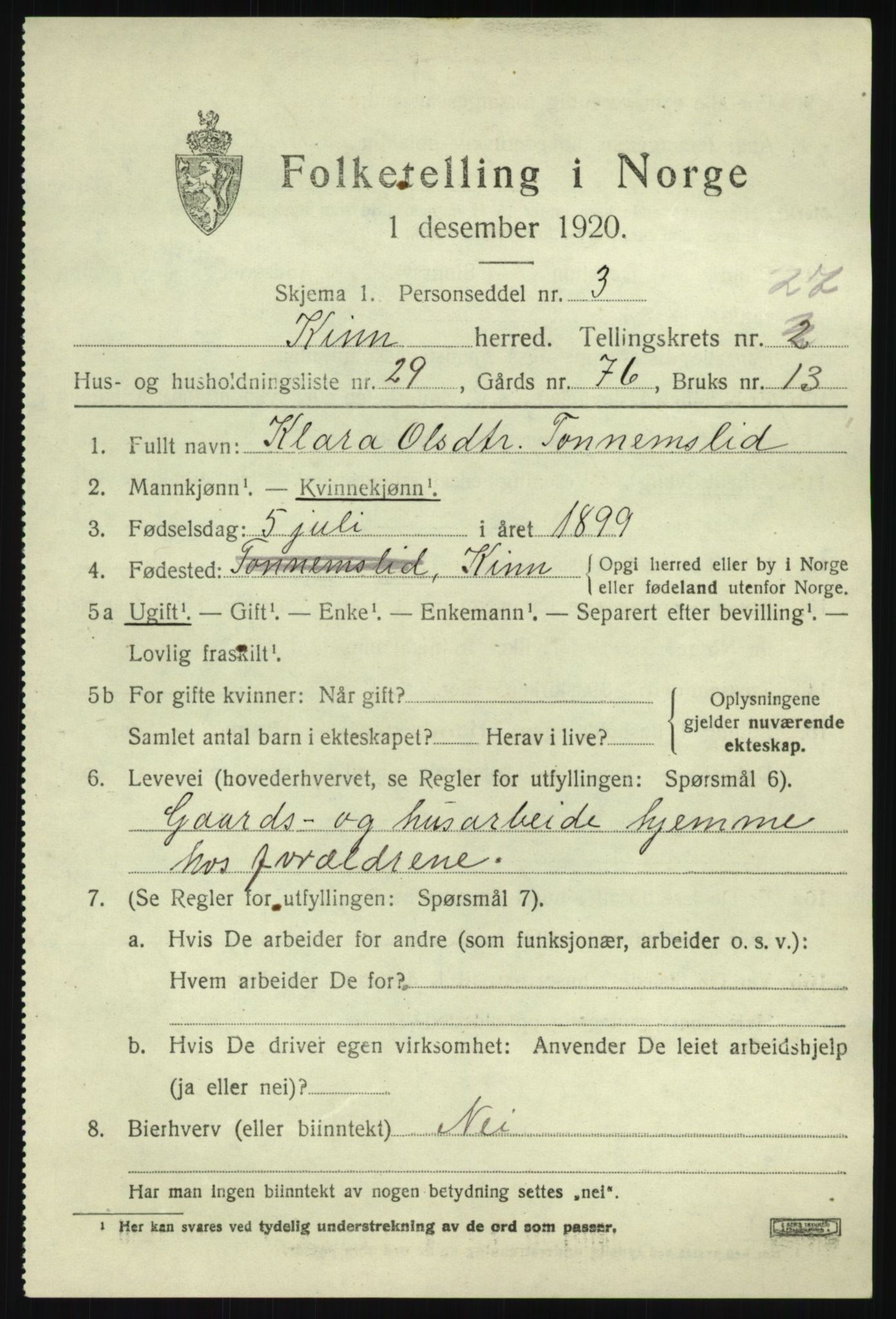 SAB, 1920 census for Kinn, 1920, p. 9545