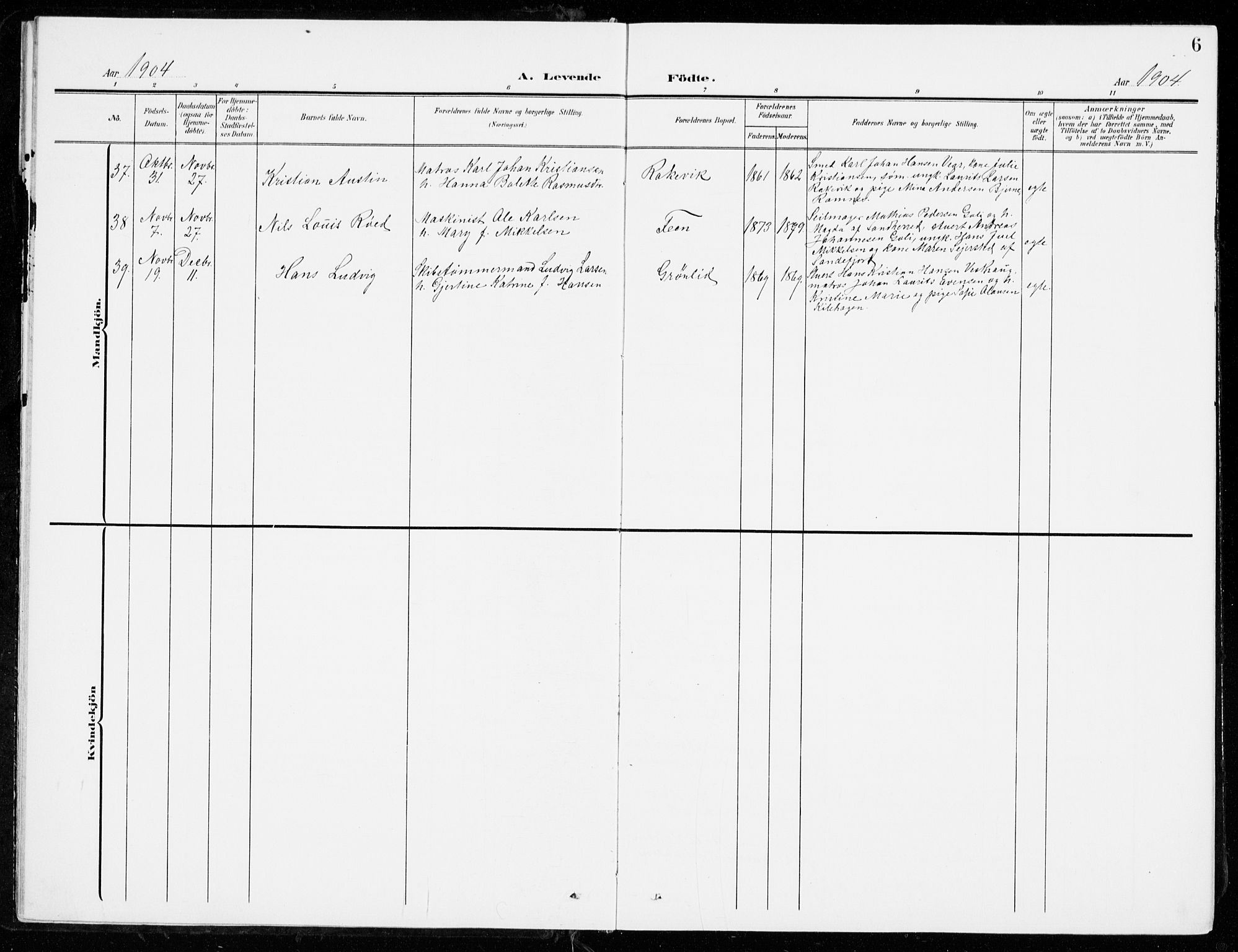 Stokke kirkebøker, AV/SAKO-A-320/G/Ga/L0001: Parish register (copy) no. I 1, 1904-1940, p. 6