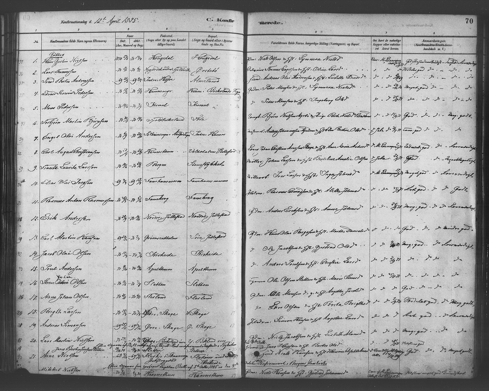 Fana Sokneprestembete, SAB/A-75101/H/Haa/Haab/L0001: Parish register (official) no. B 1, 1878-1889, p. 70