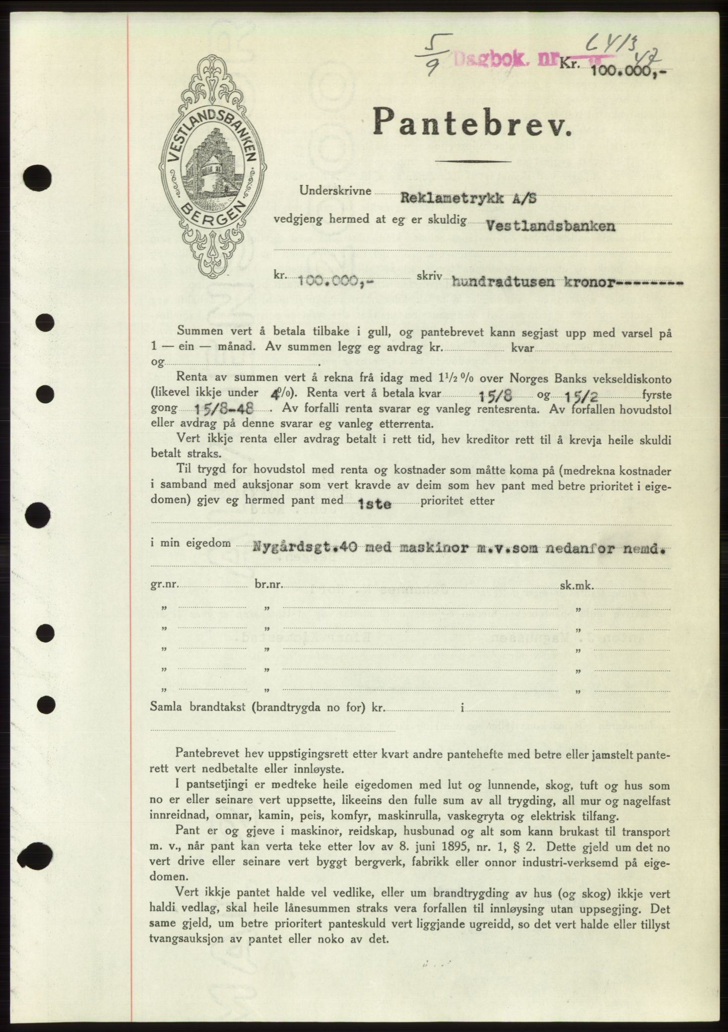 Byfogd og Byskriver i Bergen, AV/SAB-A-3401/03/03Bd/L0003: Mortgage book no. B29-39, 1947-1950, Diary no: : 6413/1947