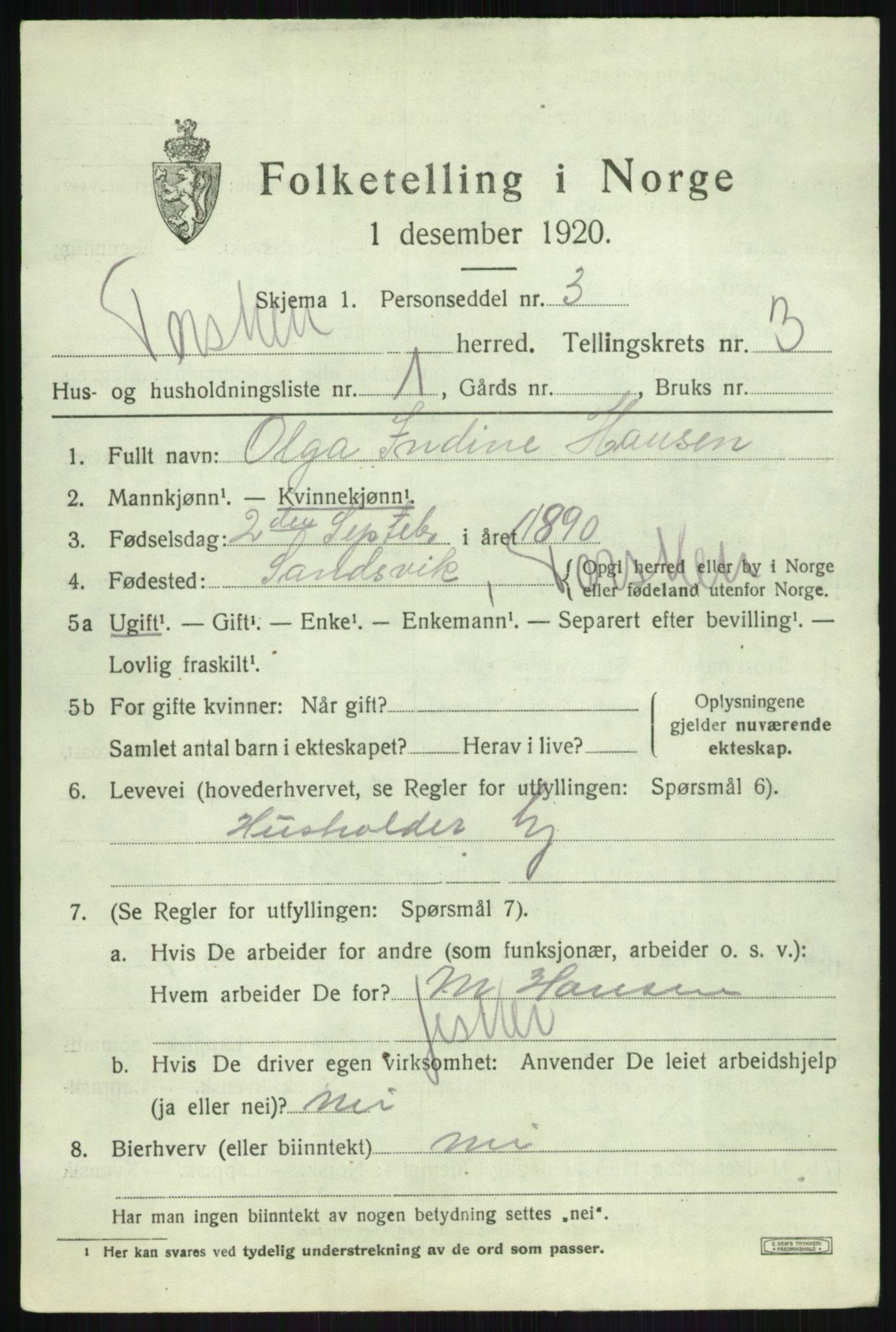 SATØ, 1920 census for Torsken, 1920, p. 876