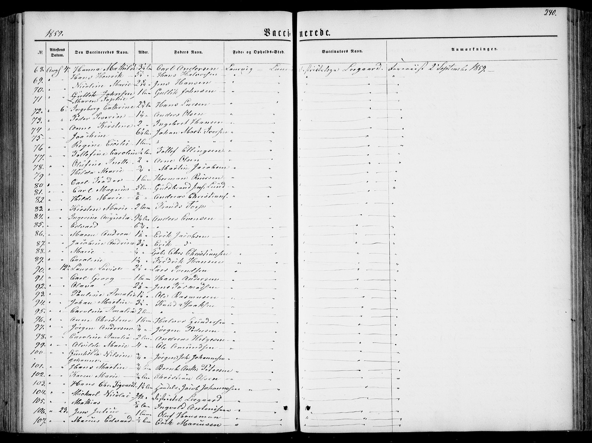 Larvik kirkebøker, AV/SAKO-A-352/F/Fa/L0005: Parish register (official) no. I 5, 1856-1870, p. 240