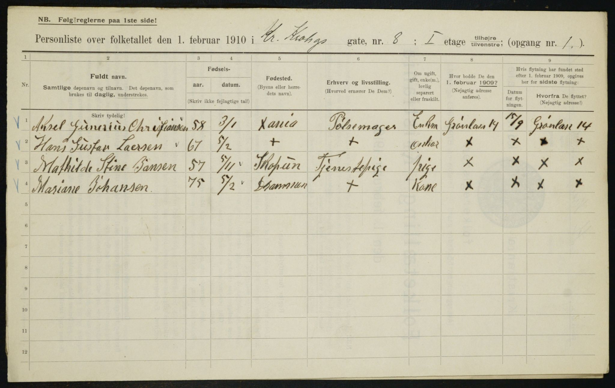 OBA, Municipal Census 1910 for Kristiania, 1910, p. 11250