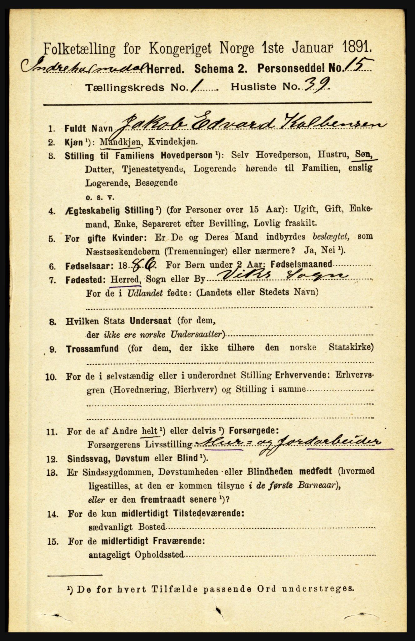 RA, 1891 census for 1430 Indre Holmedal, 1891, p. 367