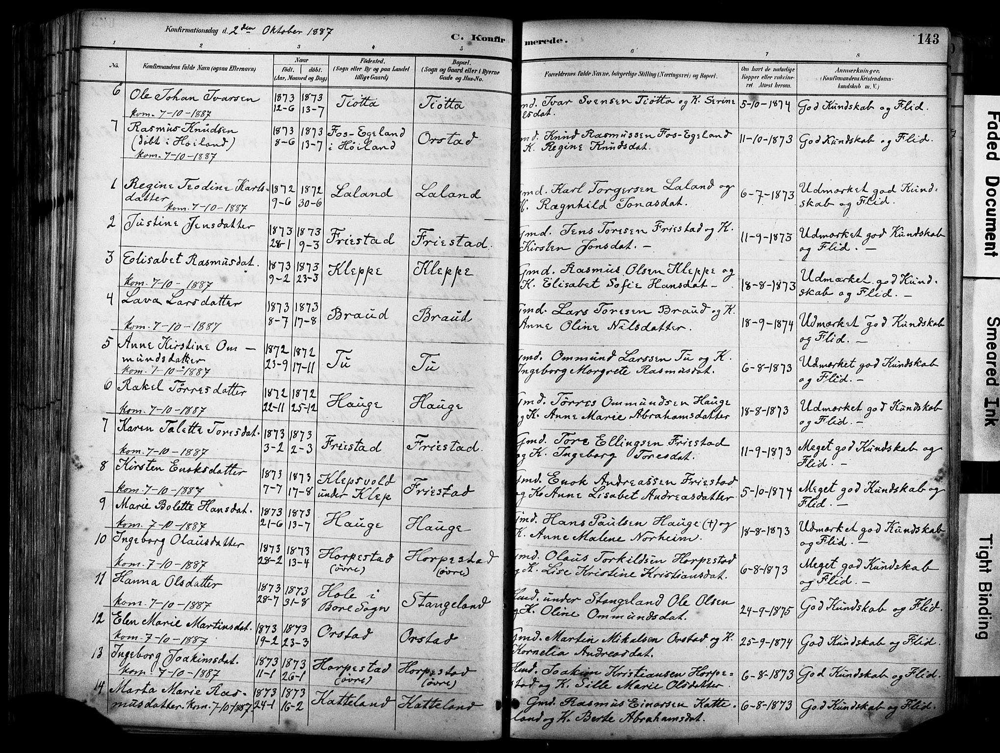 Klepp sokneprestkontor, AV/SAST-A-101803/001/3/30BA/L0009: Parish register (official) no. A 7, 1886-1915, p. 143