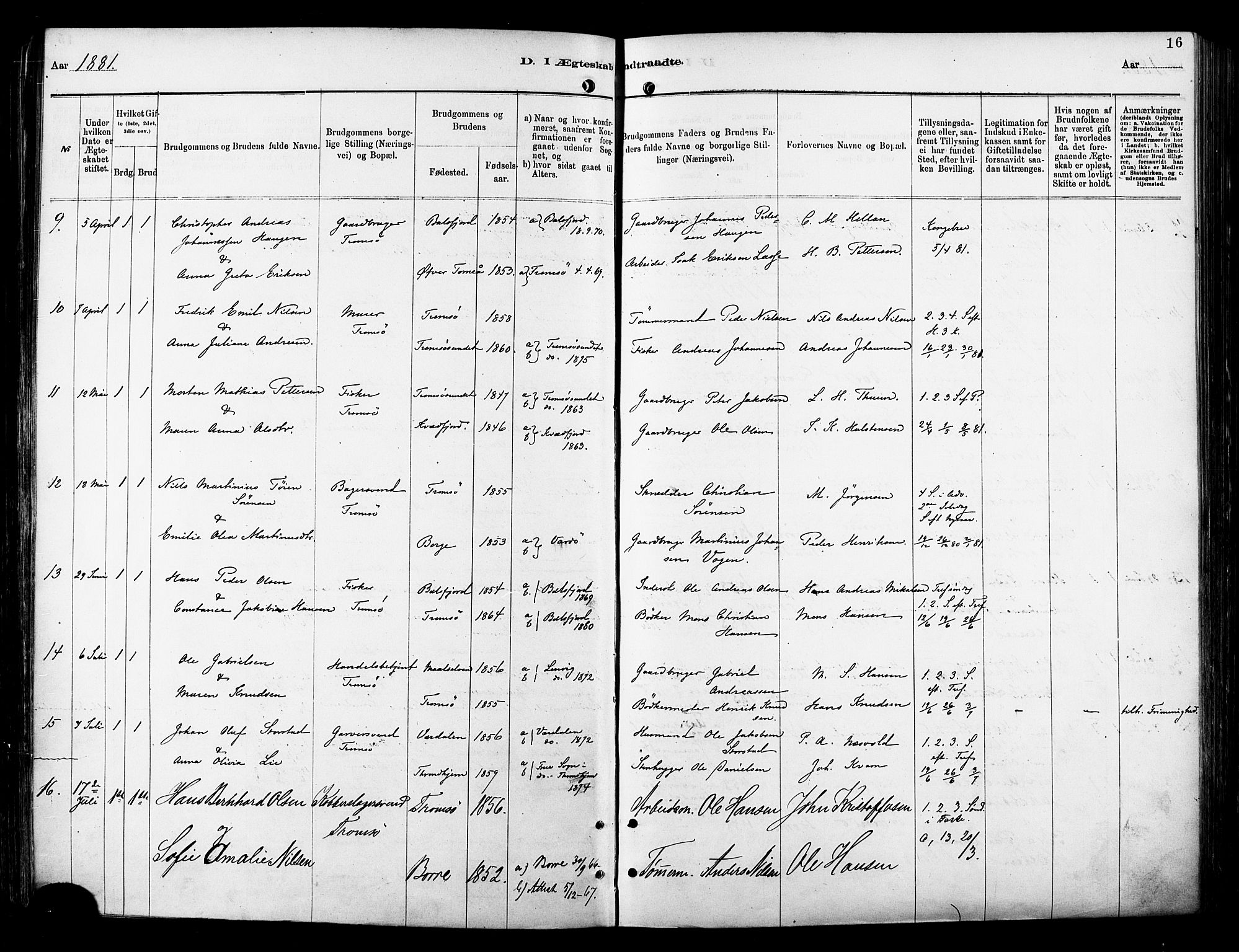 Tromsø sokneprestkontor/stiftsprosti/domprosti, SATØ/S-1343/G/Ga/L0014kirke: Parish register (official) no. 14, 1878-1888, p. 16