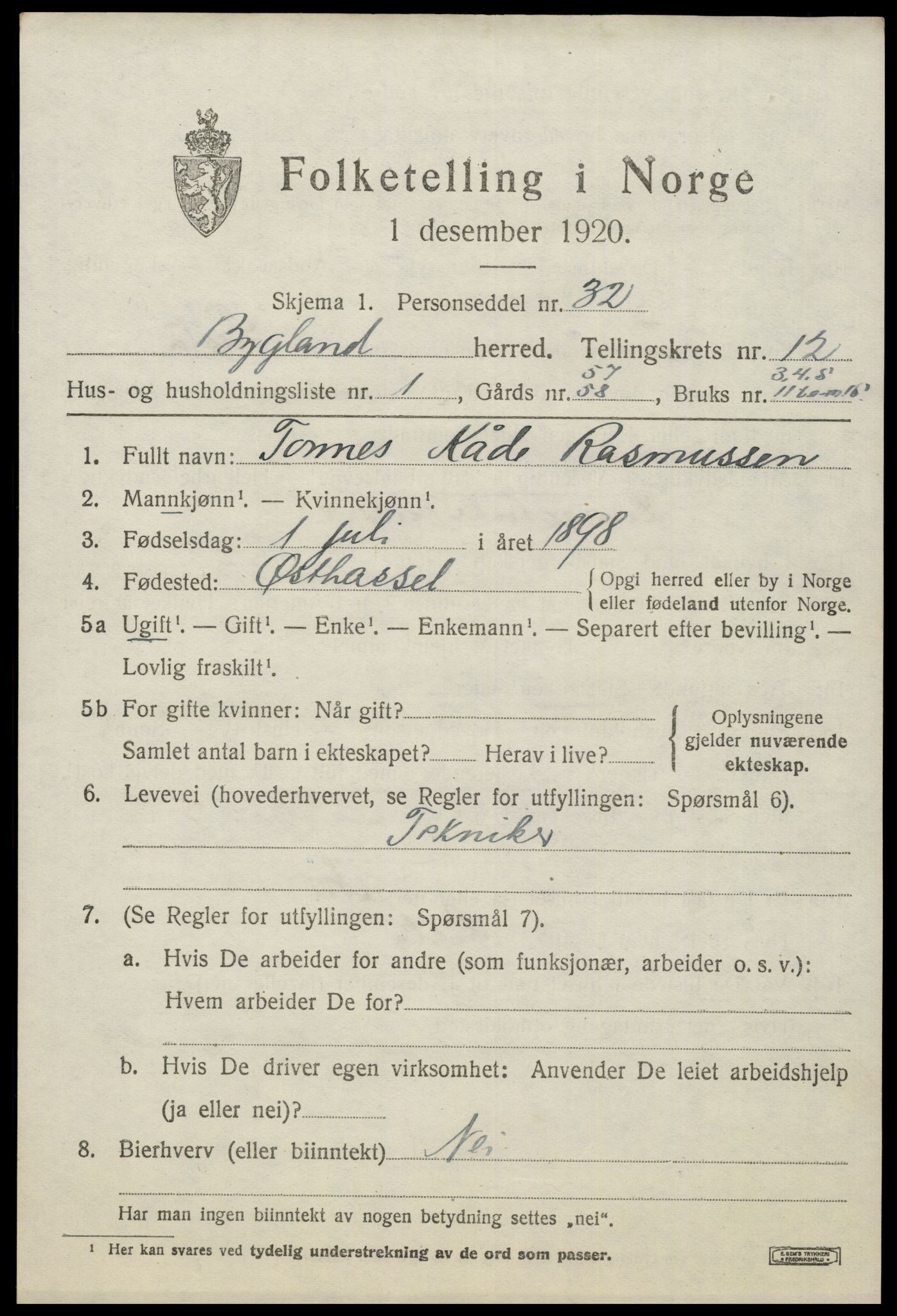 SAK, 1920 census for Bygland, 1920, p. 4523