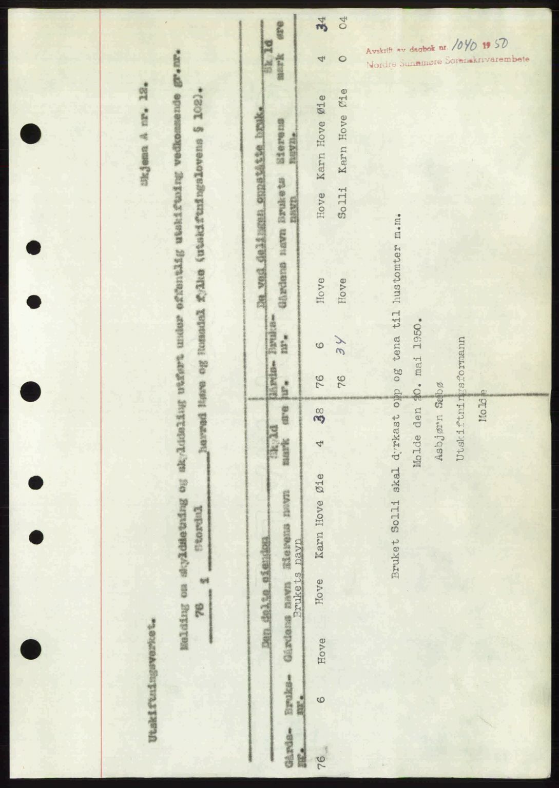 Nordre Sunnmøre sorenskriveri, AV/SAT-A-0006/1/2/2C/2Ca: Mortgage book no. A34, 1950-1950, Diary no: : 1040/1950