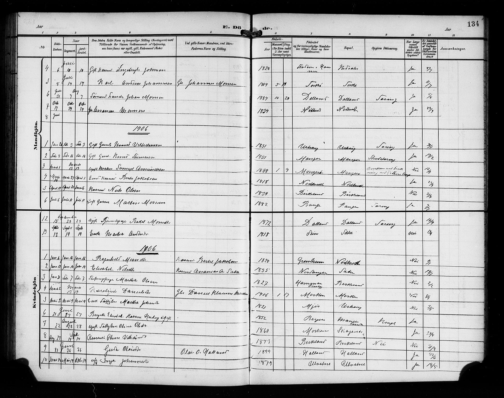 Manger sokneprestembete, SAB/A-76801/H/Hab: Parish register (copy) no. A 2, 1902-1923, p. 134