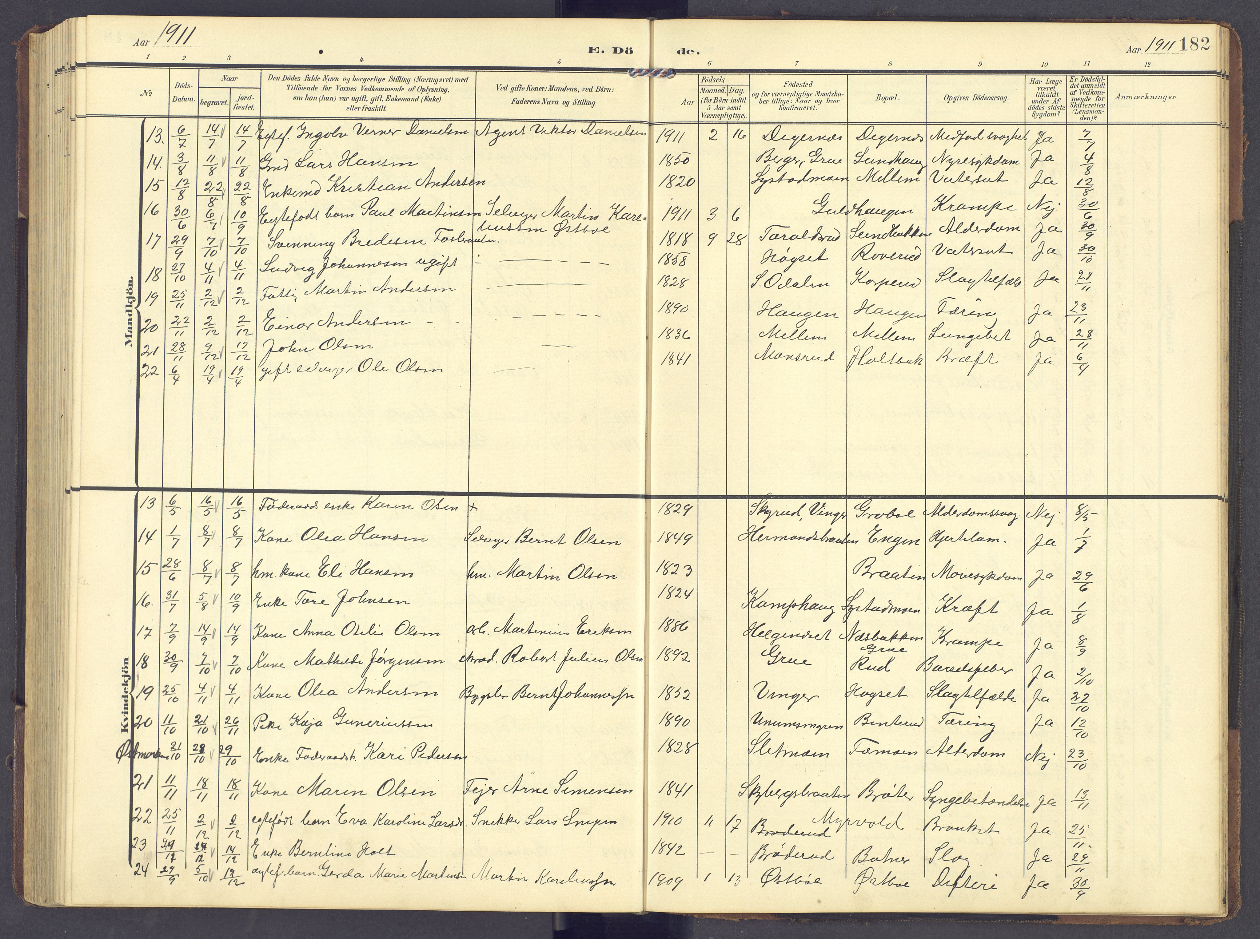 Brandval prestekontor, AV/SAH-PREST-034/H/Ha/Hab/L0003: Parish register (copy) no. 3, 1904-1917, p. 182