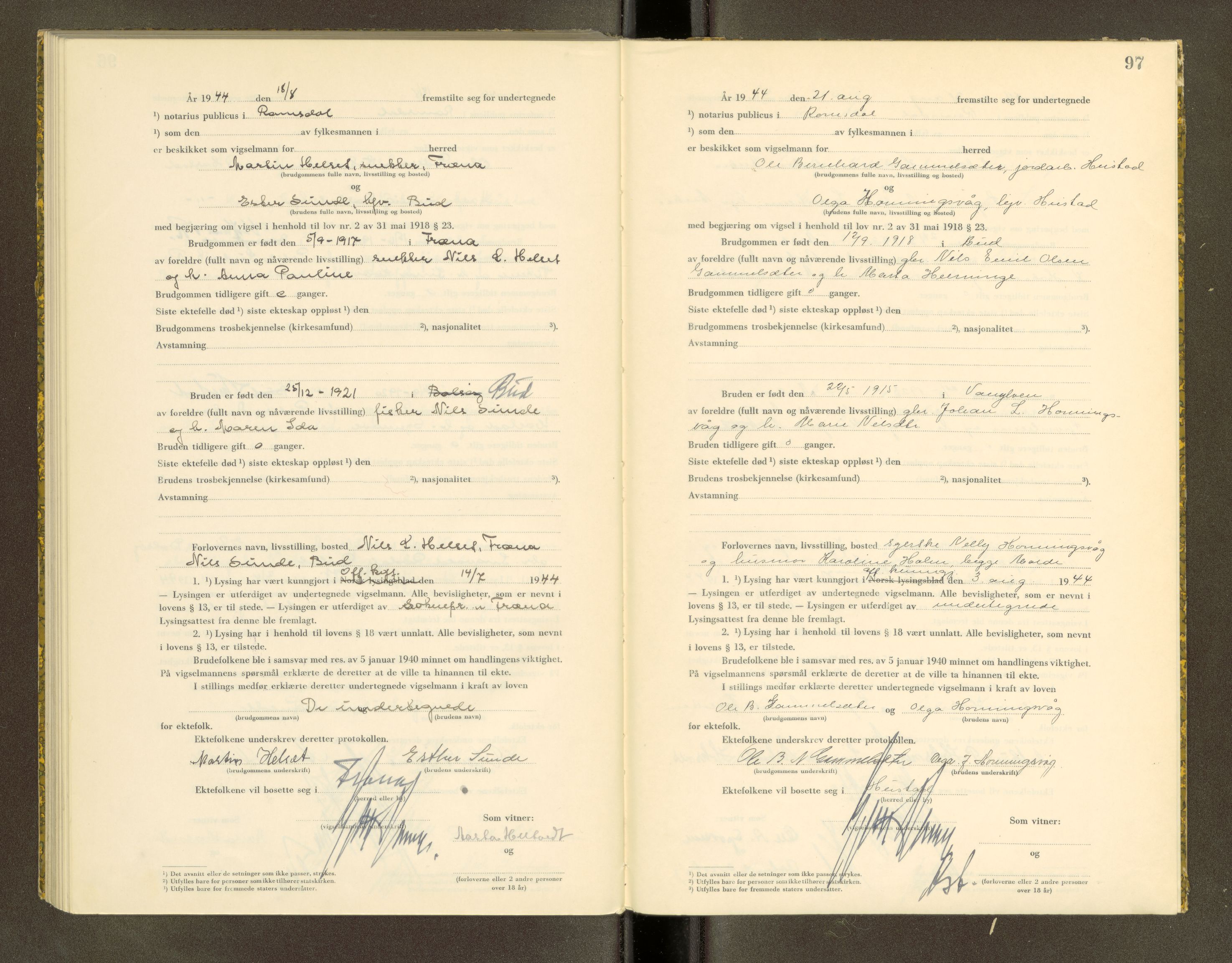 Romsdal sorenskriveri, AV/SAT-A-4149/1/6/6D/L0007: Vigselbok, 1943-1944, p. 97