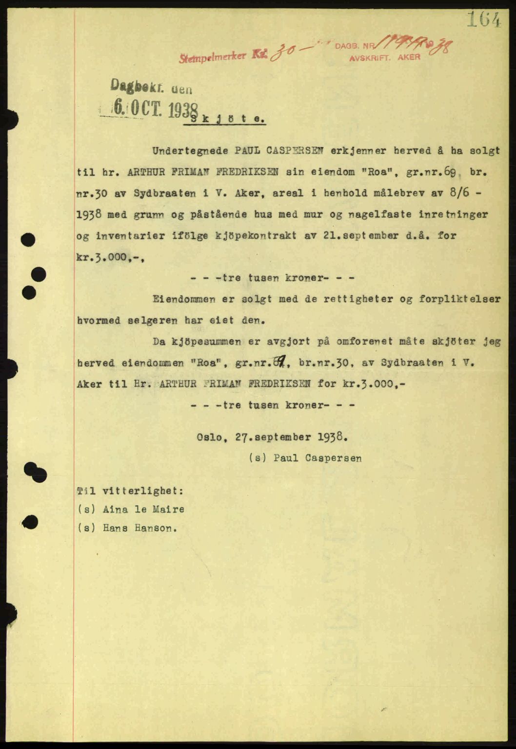 Aker herredsskriveri, SAO/A-10896/G/Gb/Gba/Gbab/L0025: Mortgage book no. A154-155, 1938-1938, Diary no: : 11949/1938