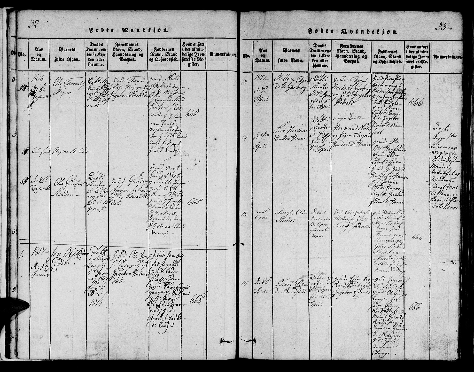 Ministerialprotokoller, klokkerbøker og fødselsregistre - Sør-Trøndelag, SAT/A-1456/695/L1152: Parish register (copy) no. 695C03, 1816-1831, p. 32-33