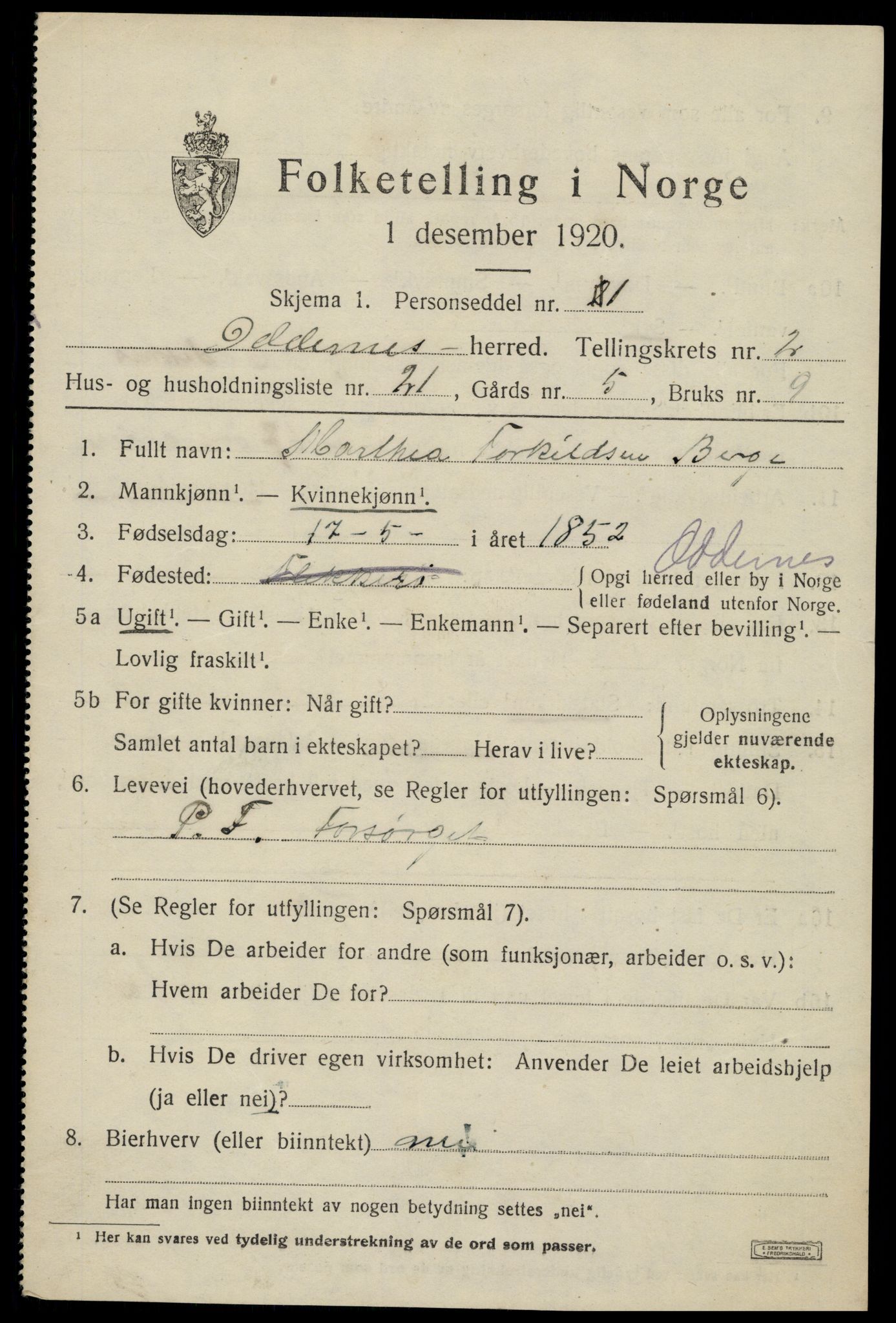 SAK, 1920 census for Oddernes, 1920, p. 3051