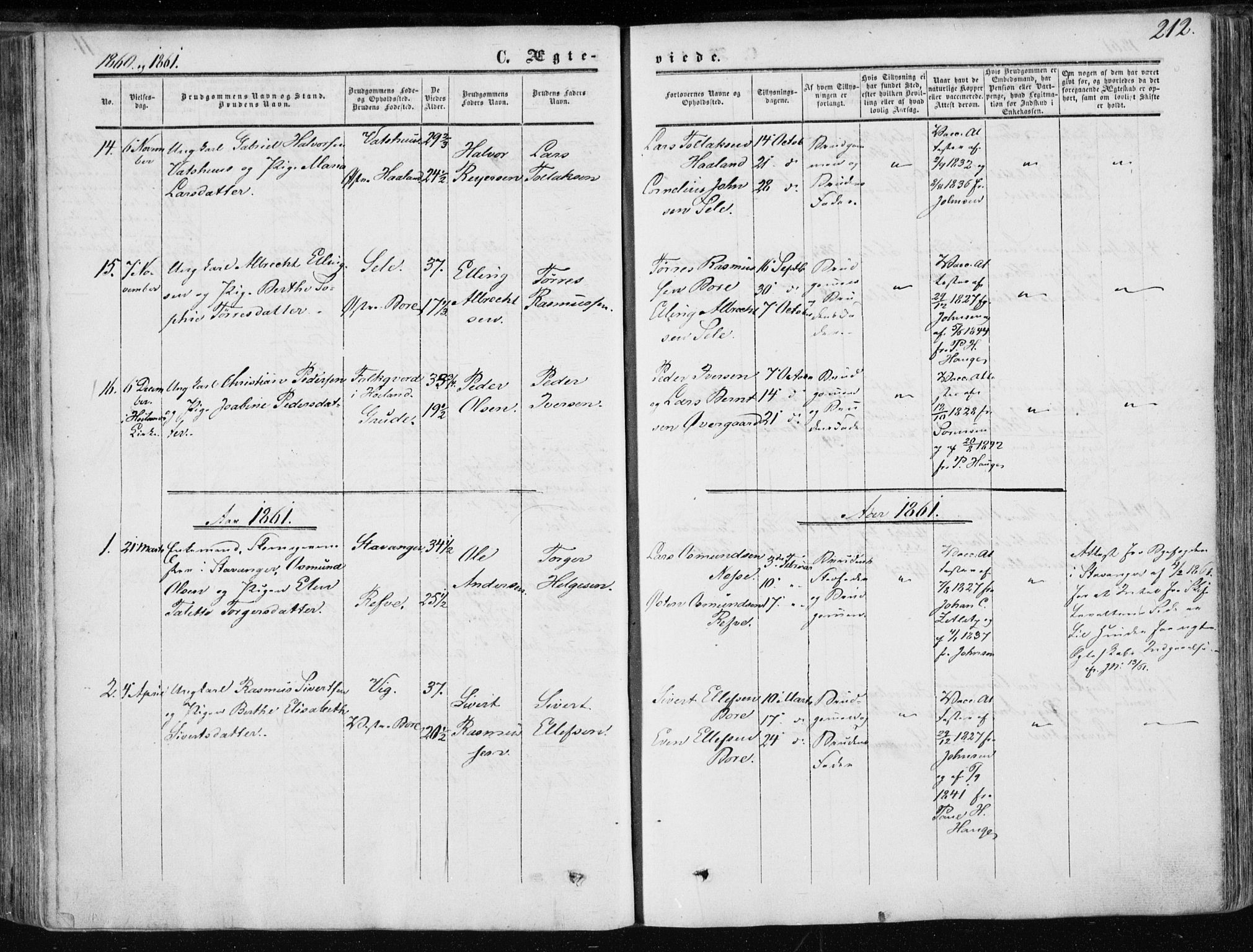 Klepp sokneprestkontor, SAST/A-101803/001/3/30BA/L0005: Parish register (official) no. A 5, 1853-1870, p. 212