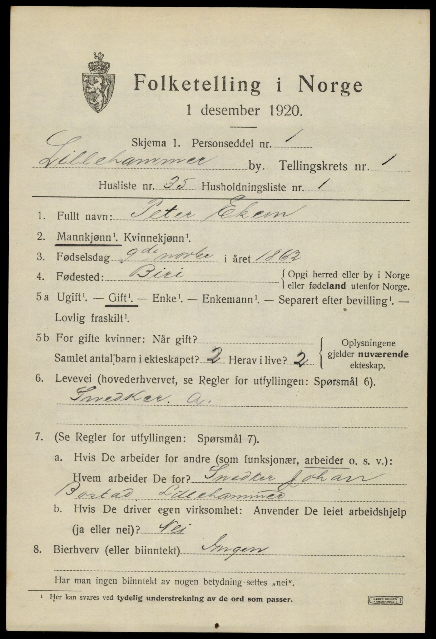 SAH, 1920 census for Lillehammer, 1920, p. 4216