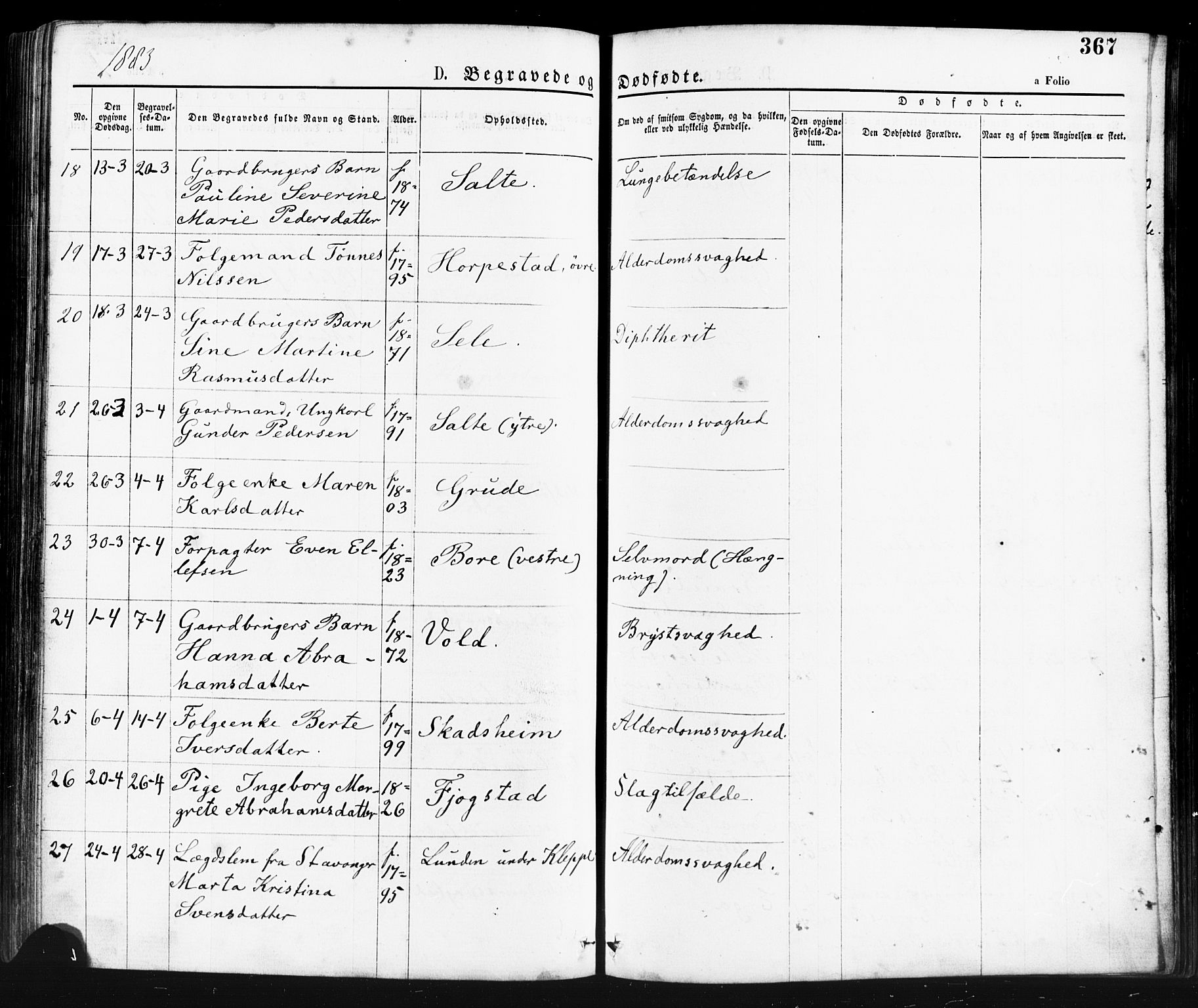 Klepp sokneprestkontor, AV/SAST-A-101803/001/3/30BA/L0006: Parish register (official) no. A 6, 1871-1885, p. 367