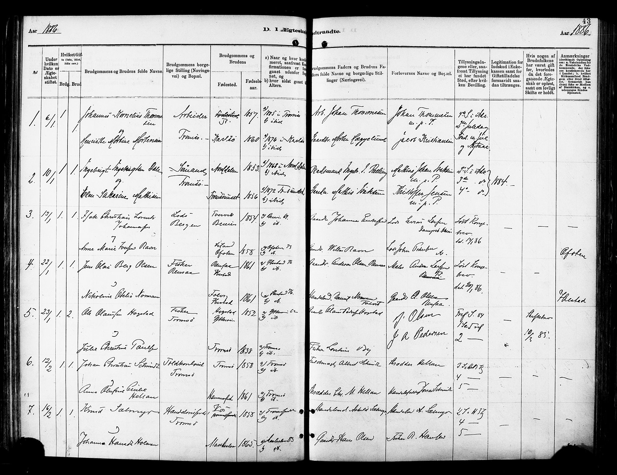Tromsø sokneprestkontor/stiftsprosti/domprosti, SATØ/S-1343/G/Ga/L0014kirke: Parish register (official) no. 14, 1878-1888, p. 43