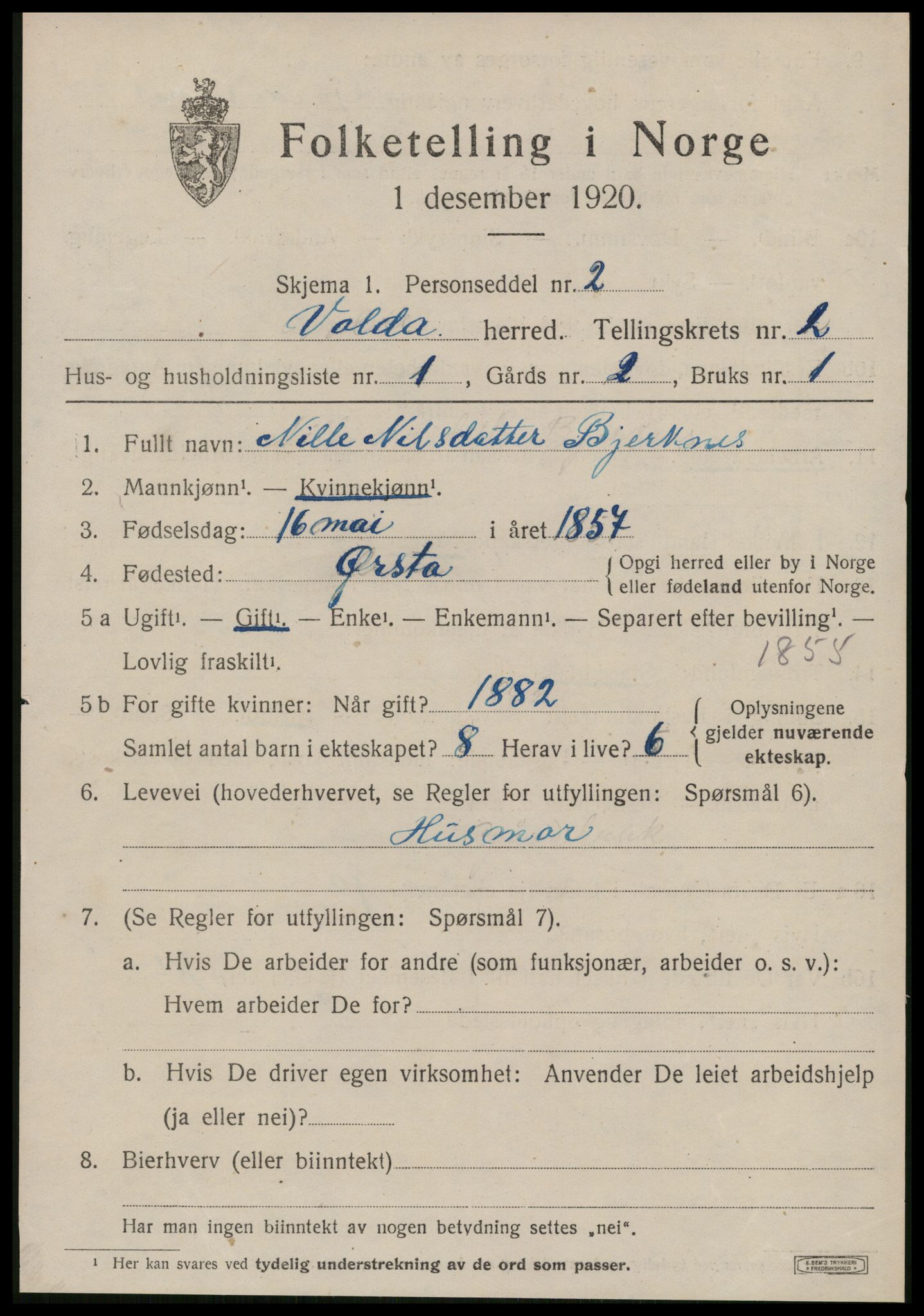 SAT, 1920 census for Volda, 1920, p. 1962