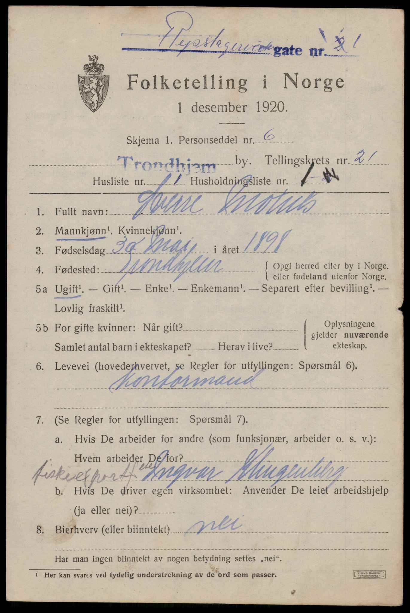 SAT, 1920 census for Trondheim, 1920, p. 61046