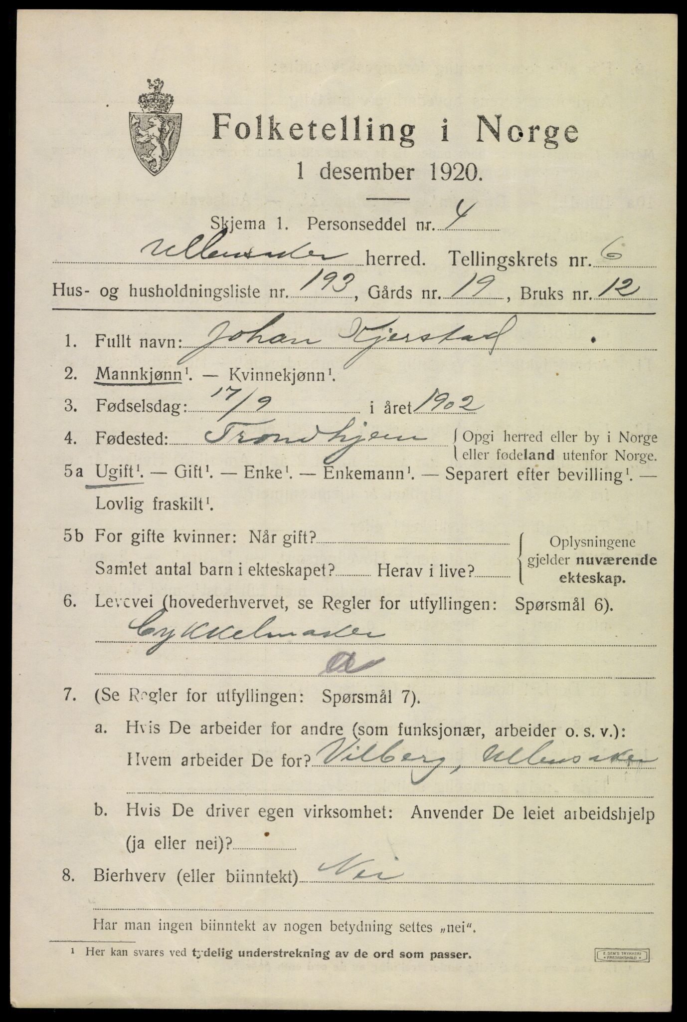 SAO, 1920 census for Ullensaker, 1920, p. 12865