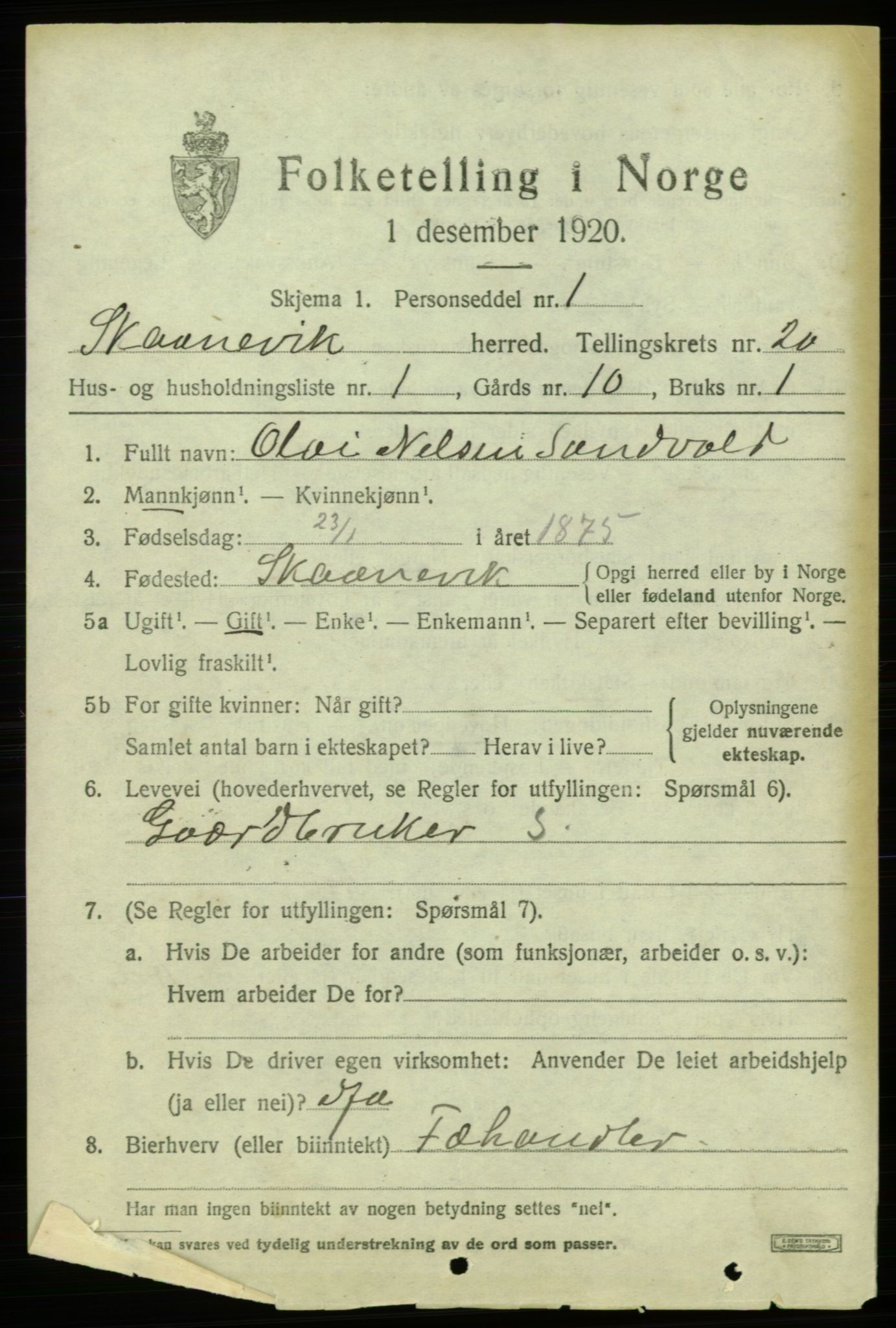 SAB, 1920 census for Skånevik, 1920, p. 7429