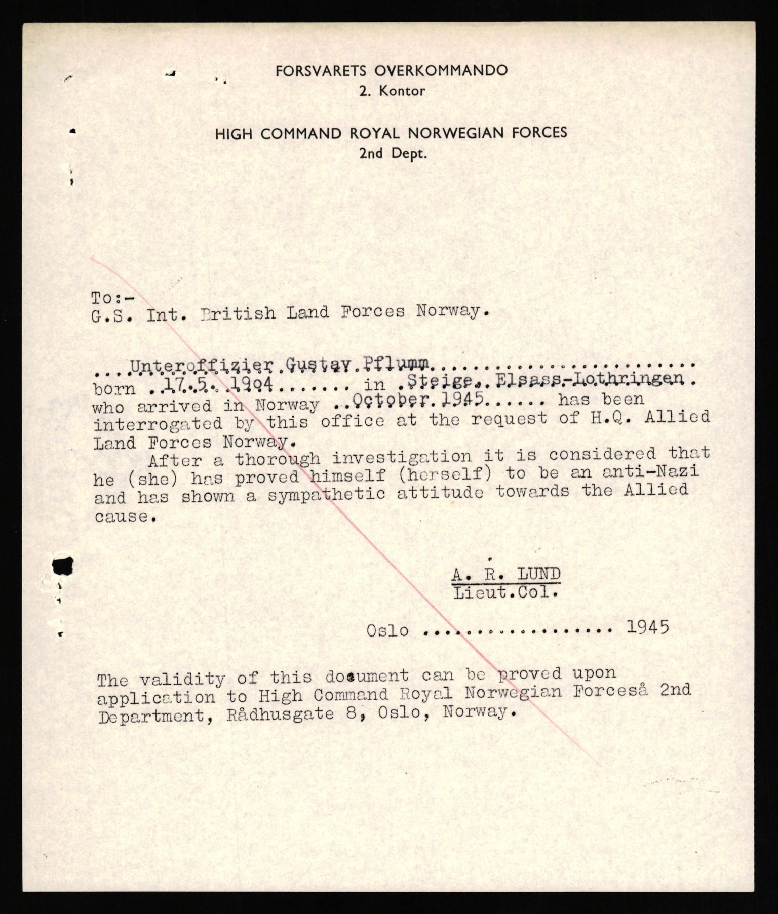 Forsvaret, Forsvarets overkommando II, AV/RA-RAFA-3915/D/Db/L0026: CI Questionaires. Tyske okkupasjonsstyrker i Norge. Tyskere., 1945-1946, p. 127