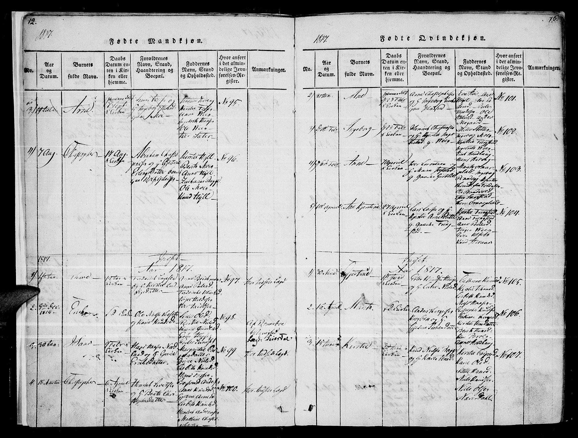 Kvikne prestekontor, SAH/PREST-064/H/Ha/Haa/L0004: Parish register (official) no. 4, 1815-1840, p. 12-13