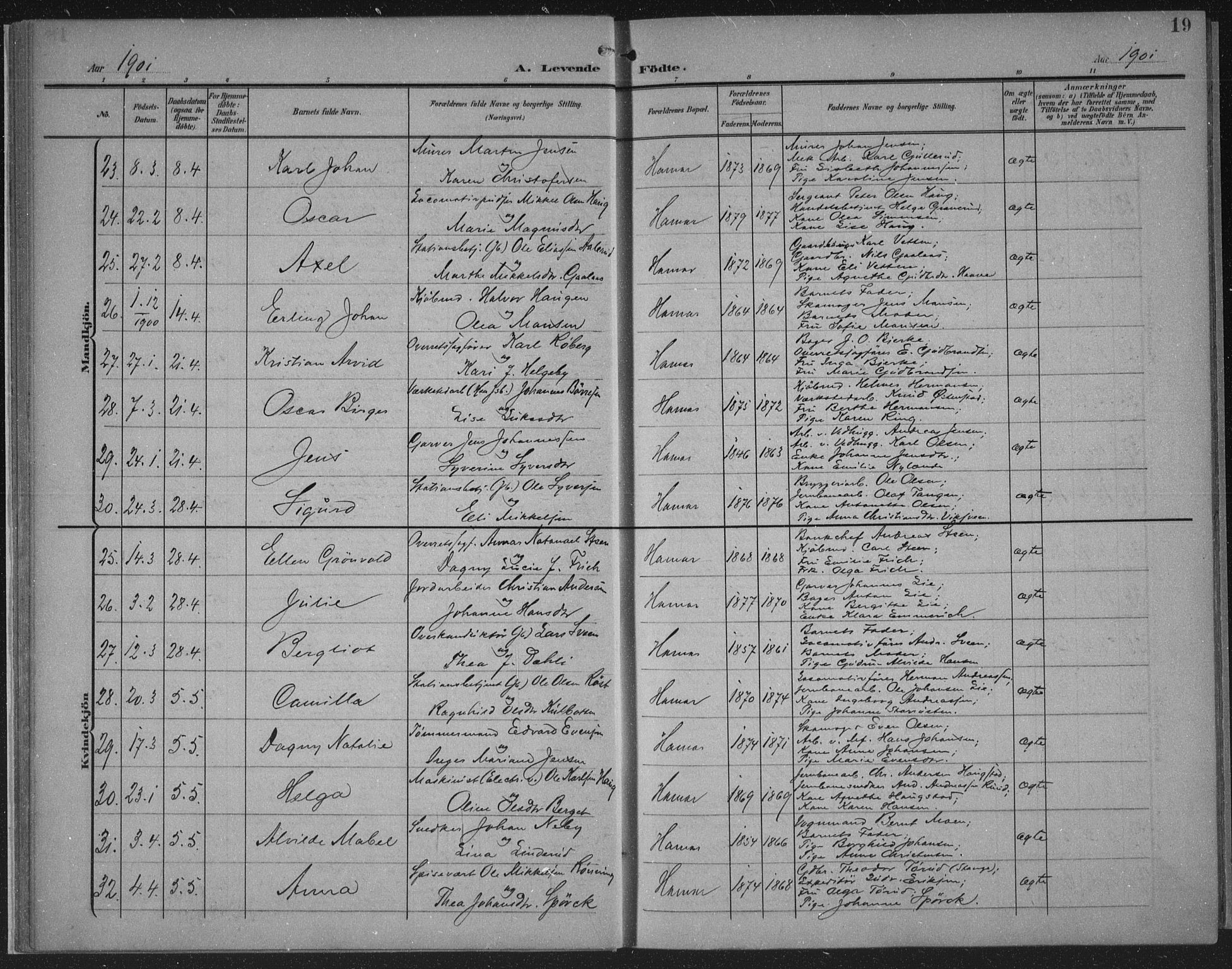 Hamar prestekontor, AV/SAH-DOMPH-002/H/Ha/Haa/L0001: Parish register (official) no. 1, 1900-1914, p. 19