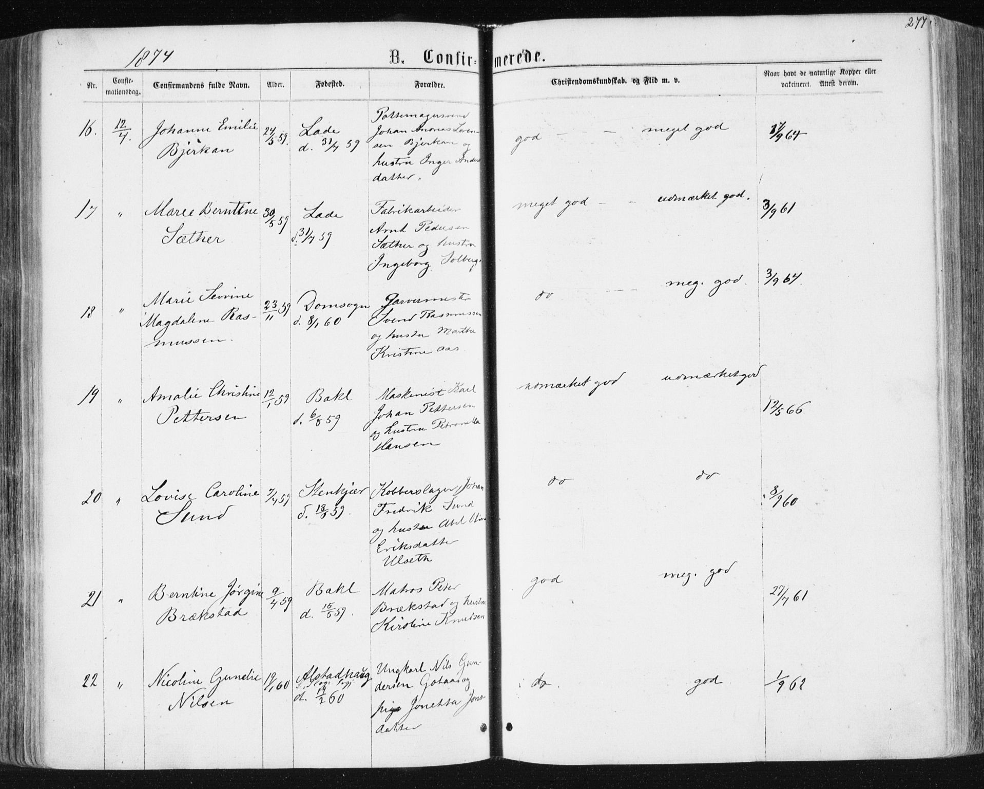 Ministerialprotokoller, klokkerbøker og fødselsregistre - Sør-Trøndelag, AV/SAT-A-1456/604/L0186: Parish register (official) no. 604A07, 1866-1877, p. 277